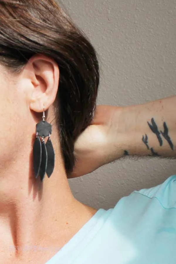 Black Leather Hex Paw Earrings