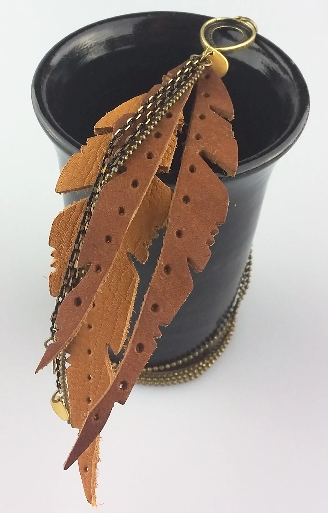 Handmade 2 Leather Feathers and Chain Pendent