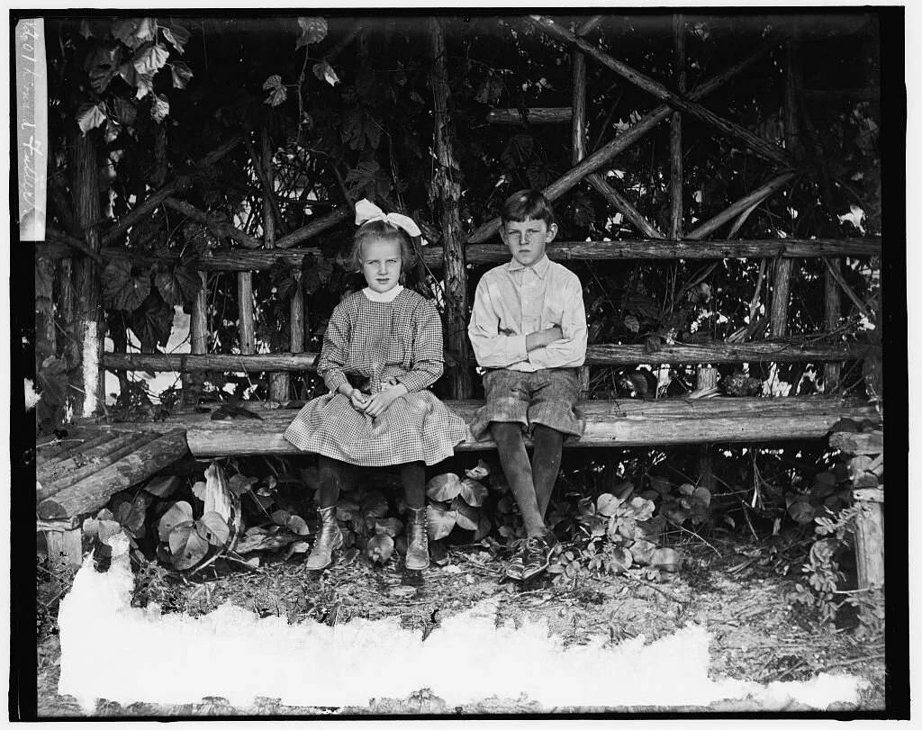 [Boy and girl seated in rustic arbor].jpg