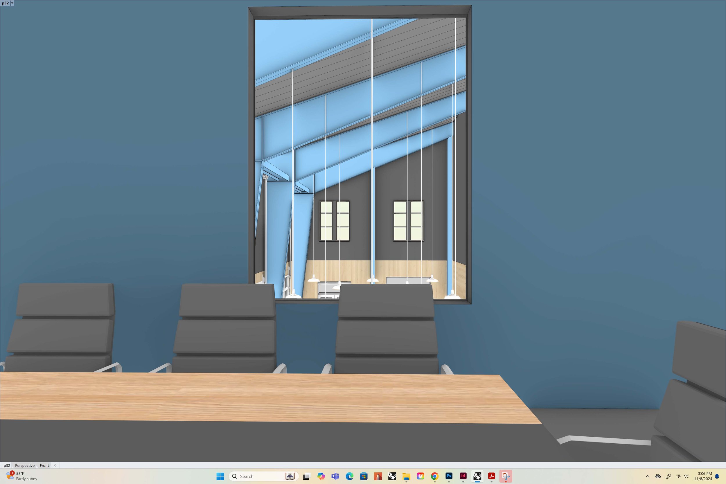 the conference room's interior window, overlooking the assembly hall