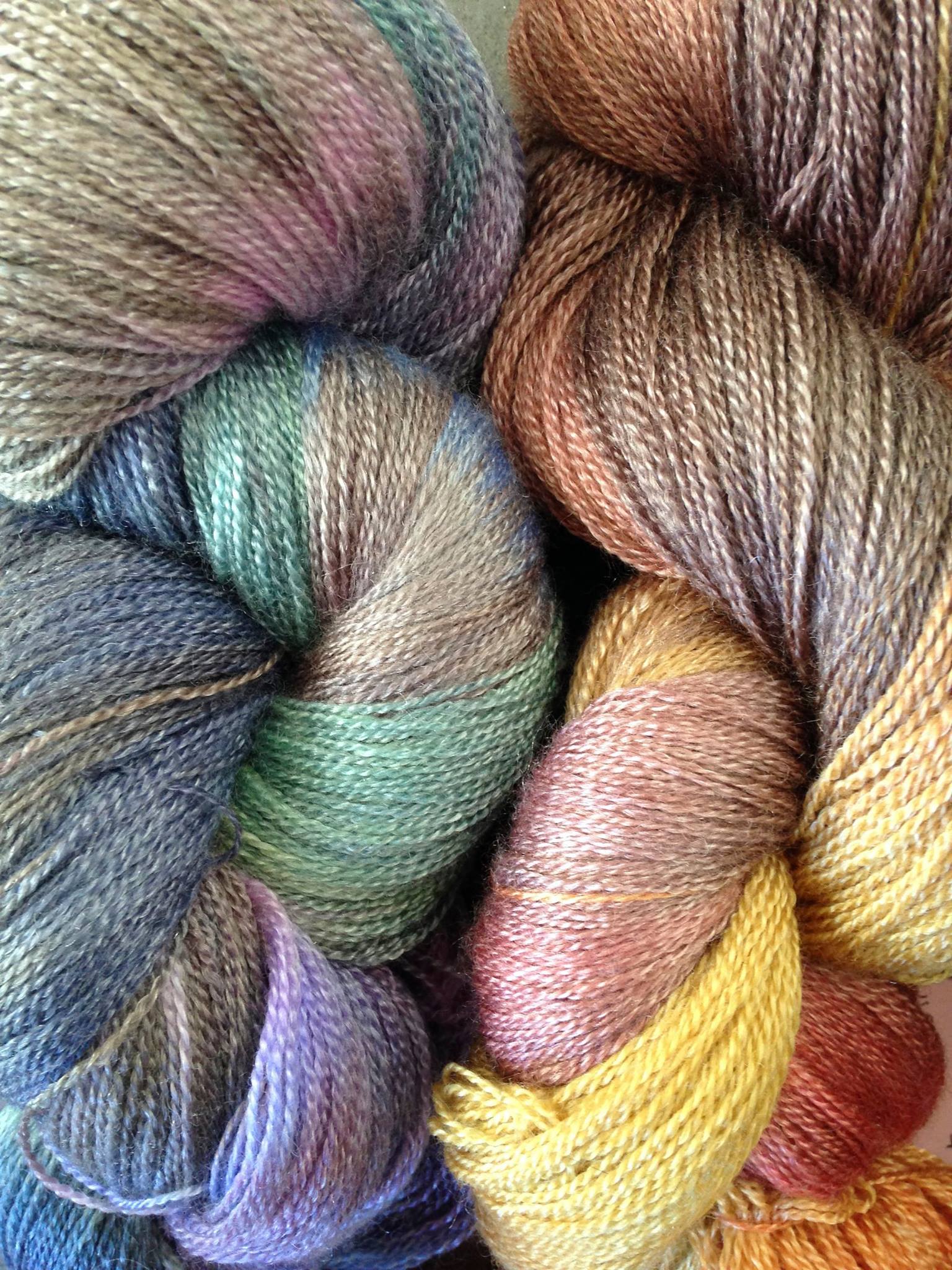 Laceweight yarns from Mollycoddle Yarns , 50% merino, 50% tencel