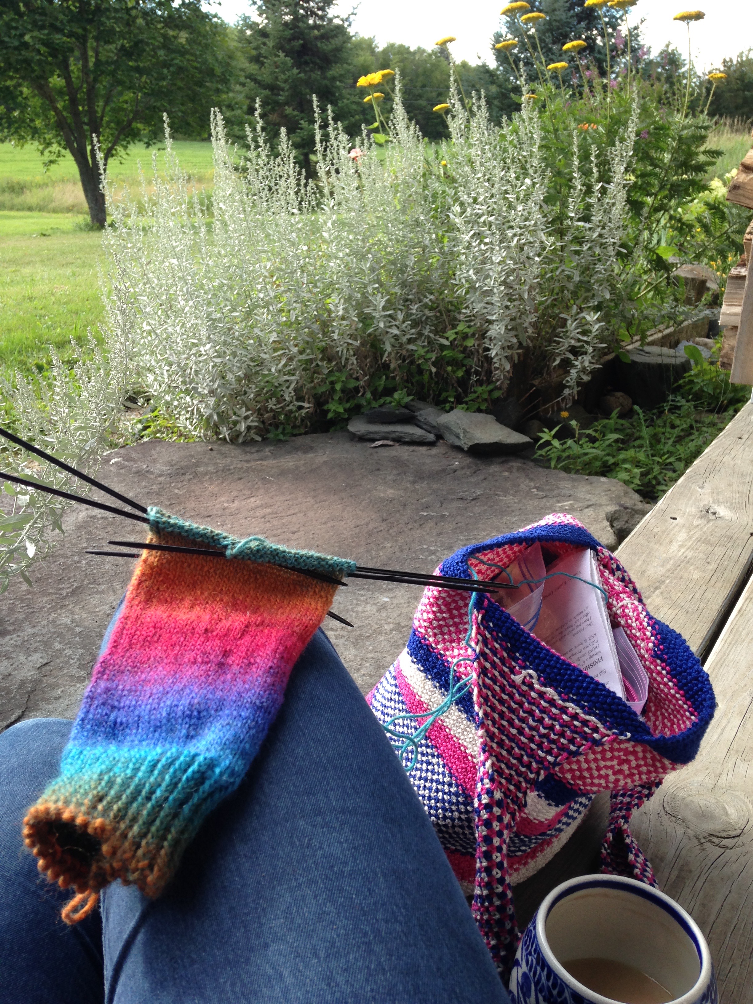 Knitting on the porch, with tea
