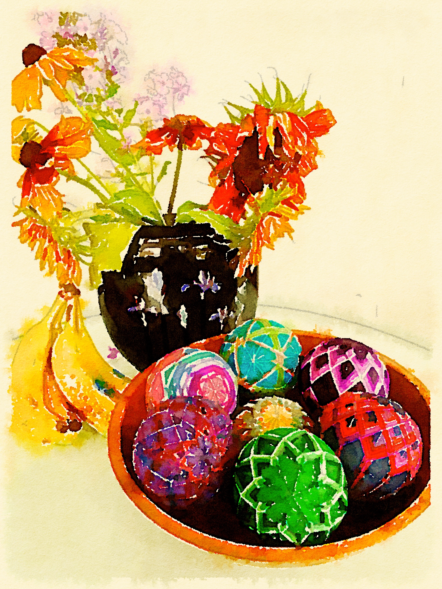 Still Life with Sunflowers and Temari, my photo rendered in Waterlogue