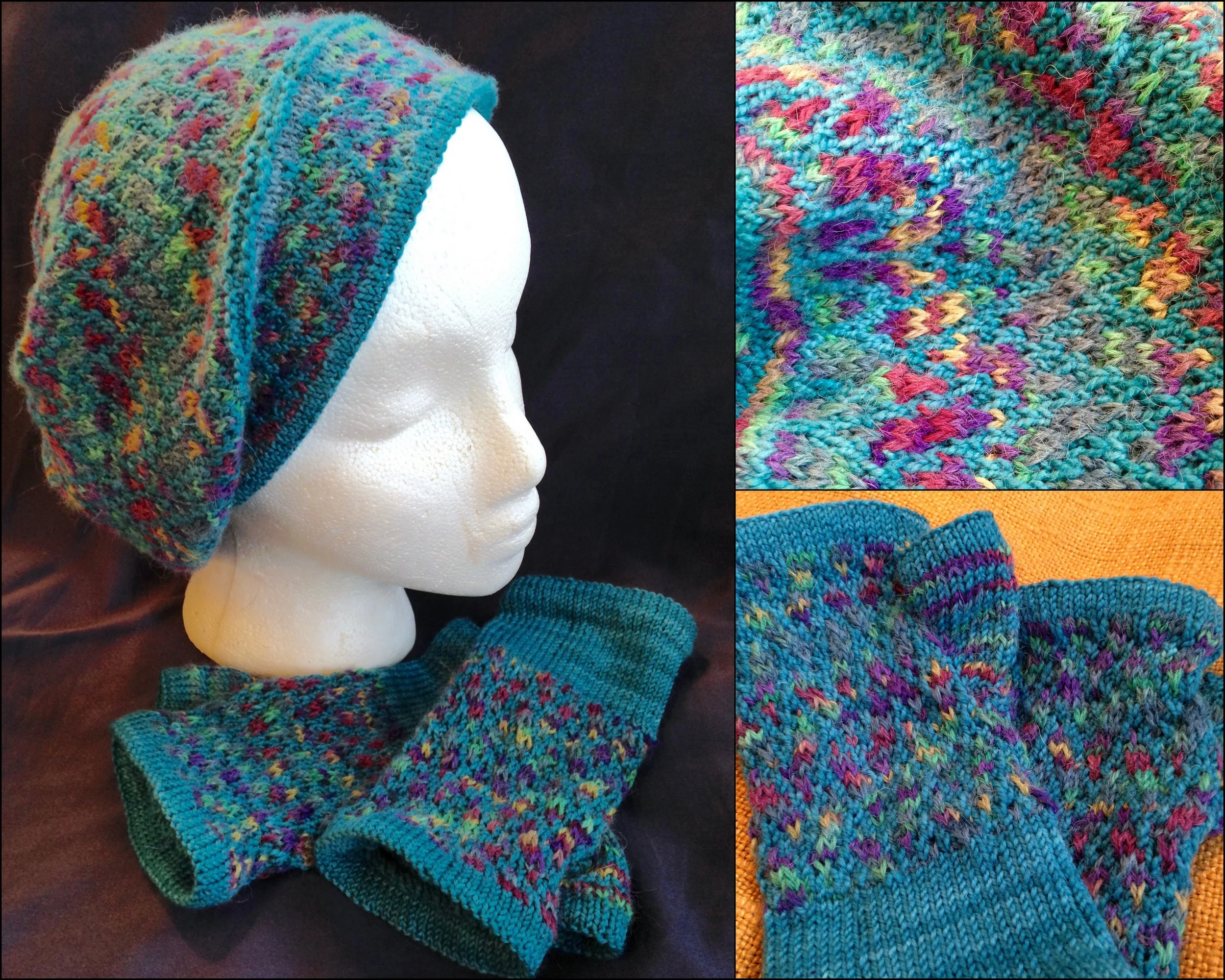 Slightly Slouchy Slip Stitch Mosaic Hat and Slip Stitch Mosaic Mitts, both free pattern pdf downloads