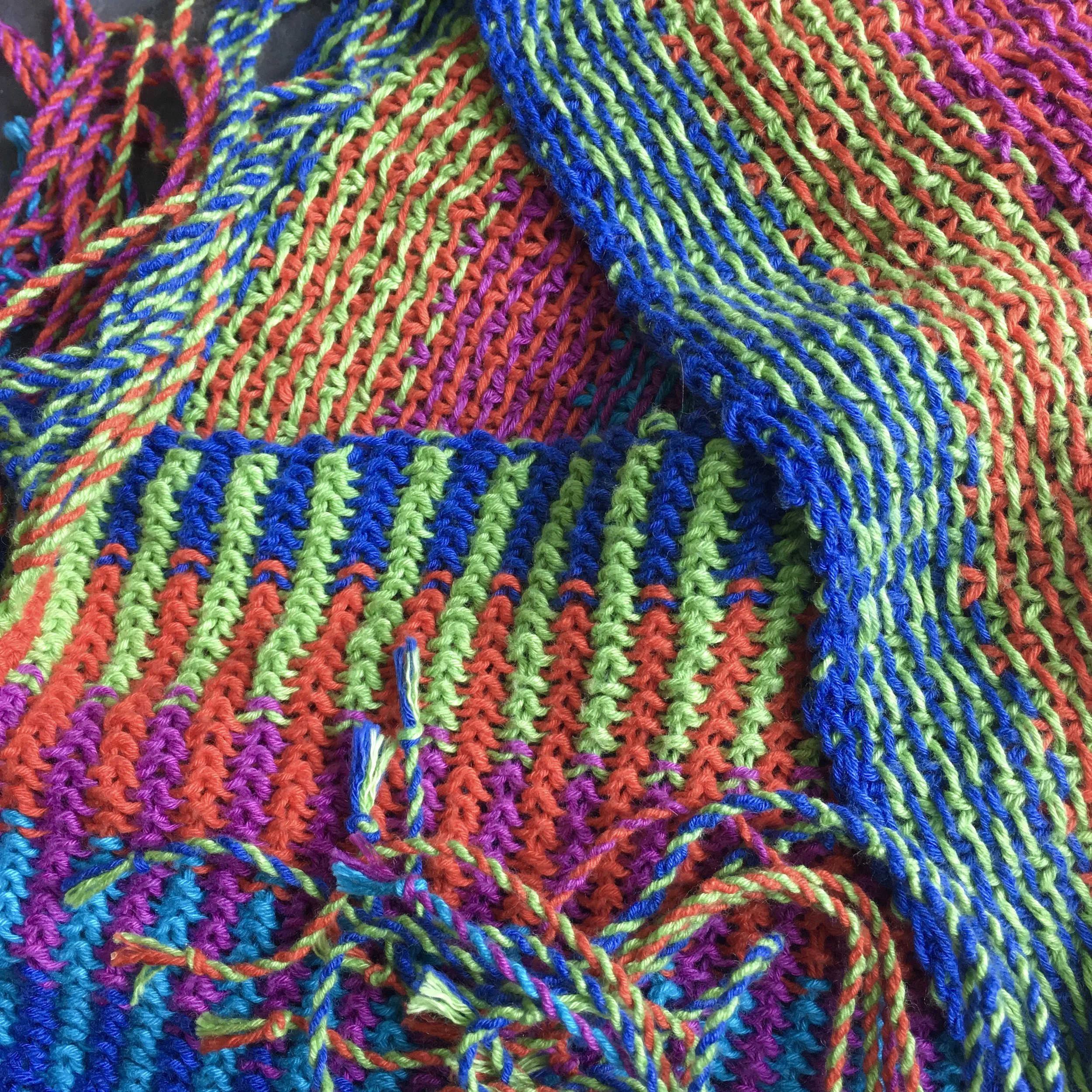 Lengthwise scarf knit in four colors of Elsebeth Lavold Hempathy Yarn