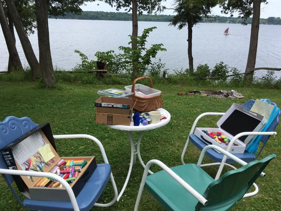 While I stitched temari, my husband set off for an afternoon sail on his homemade/handmade wooden sailboat, Williwaw.