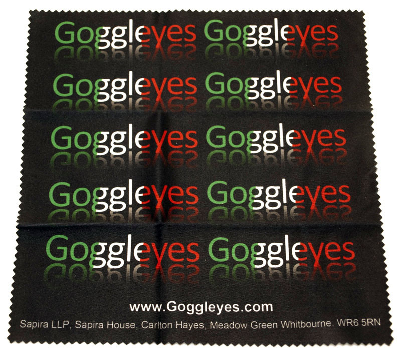 Goggleyes logo repeated on a microfibre cloth