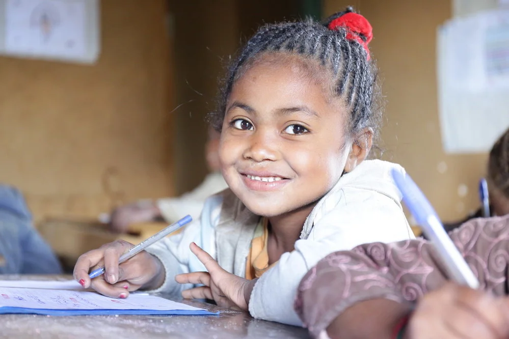 6 year old Cynthia Ramaholinirina sits in class in her village of Belavabary, Madagascar.