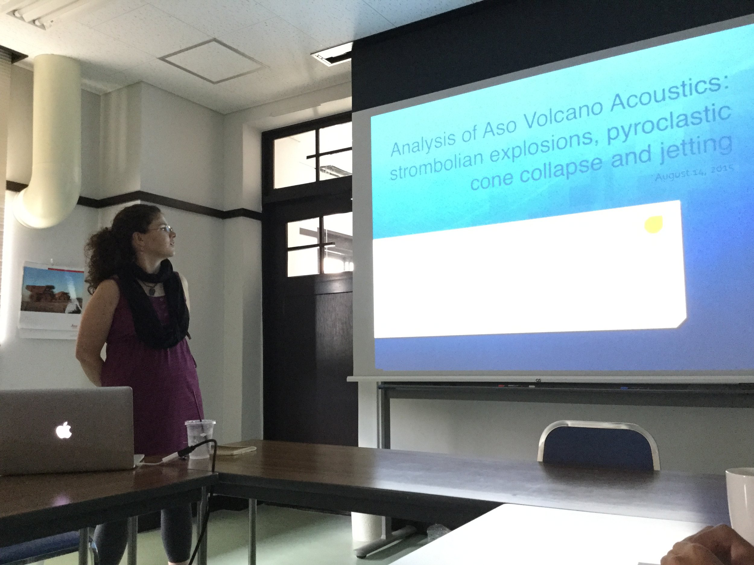 Presenting summary of work at Aso Volcanological Laboratory - NSF EAPSI Fumarole Acoustics Project - Summer 2015, credit: Y. Huang
