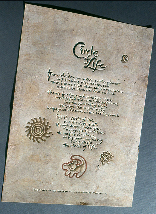   Circle of Life . Elton John lyrics enclosed in the boxed, limited-edition video (80,000) of the  Lion King . Walt Disney Studios, 1995. 