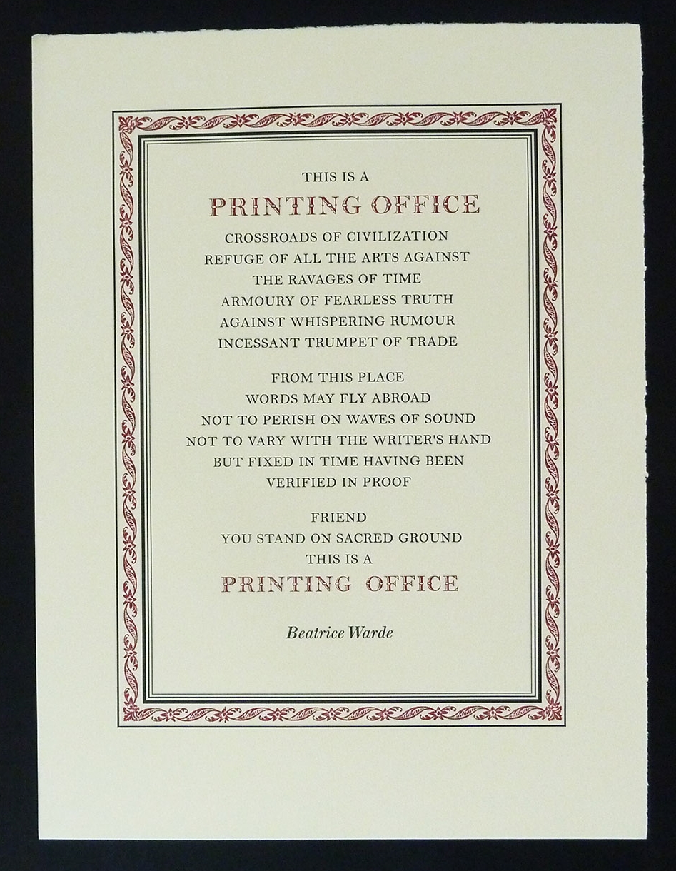   This is a&nbsp;Printing Office.&nbsp; Broadside, 15 x 19.5 inches,&nbsp;Beatrice Warde. Patrick Reagh, 2006. 