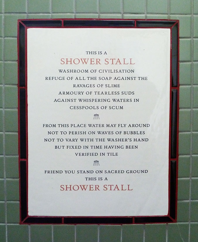 This is a Shower Stall, Patrick Reagh (with apologies to Beatrice Warde). Ceramic tile produced by Peter Shire, EXP Studios , 2009.