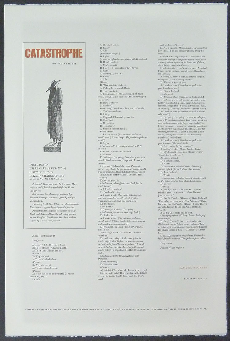   Catastrophe . Broadside, 15 x 22 inches. Samuel Beckett, illustration by&nbsp;Joseph Mugnaini. Lord John Press, 1985. 