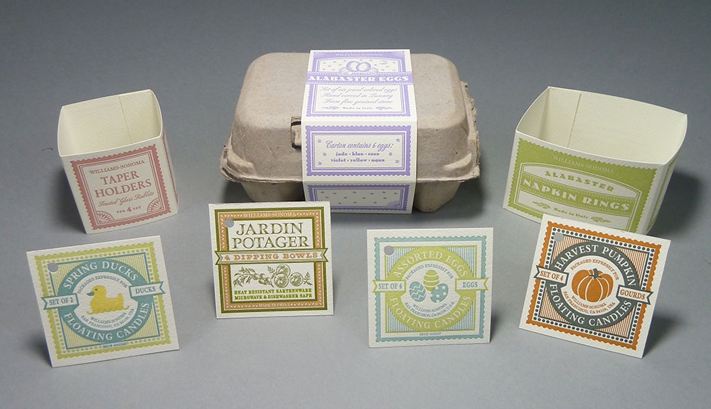  Hang tags and belly bands. A selection of the many packaging labels printed for Williams-Sonoma, Inc., 2000–2002. 