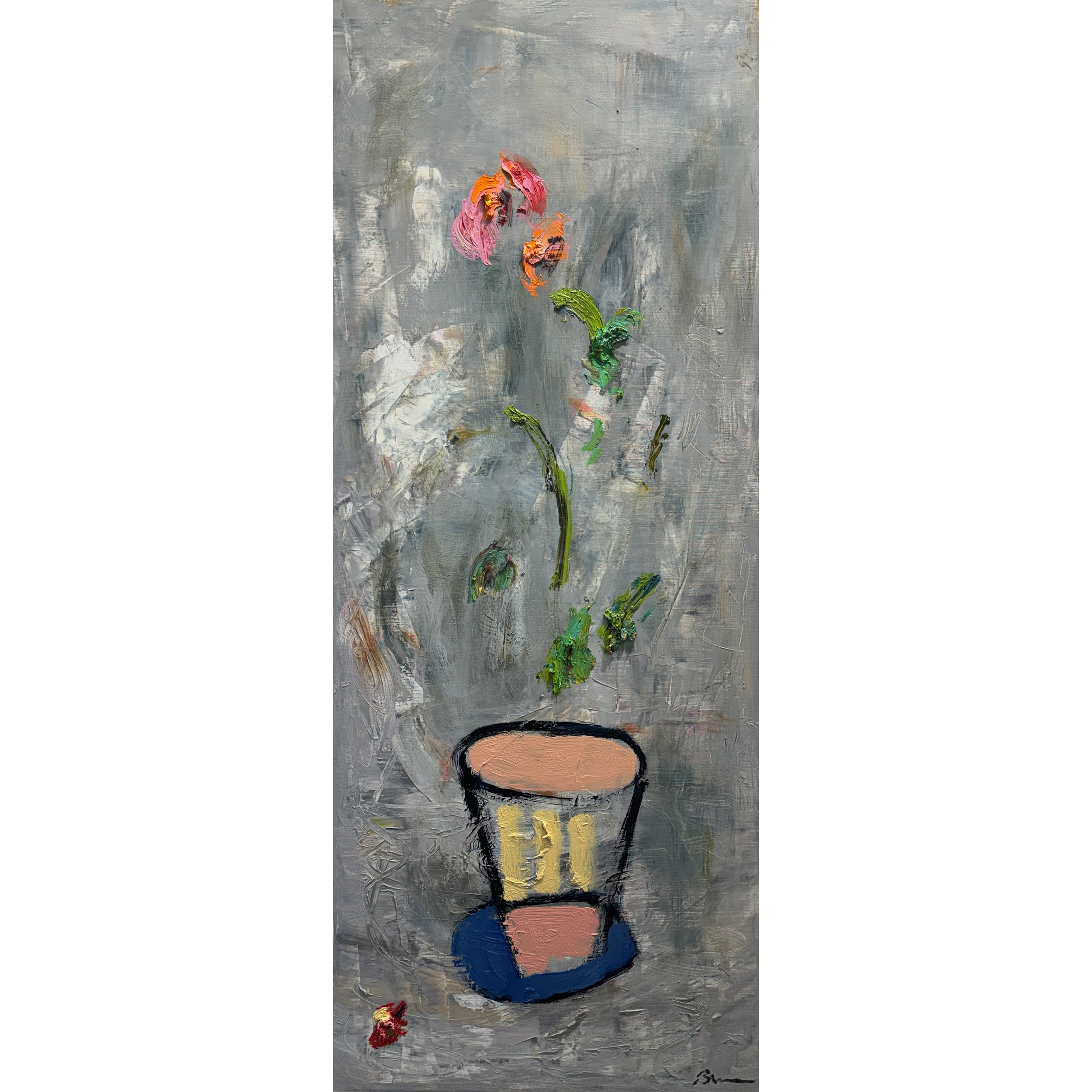 Abstract floral painting with thick pink and orange petals rising from a hand drawn pot against a textured gray background, created by artist Bradford Brenner.