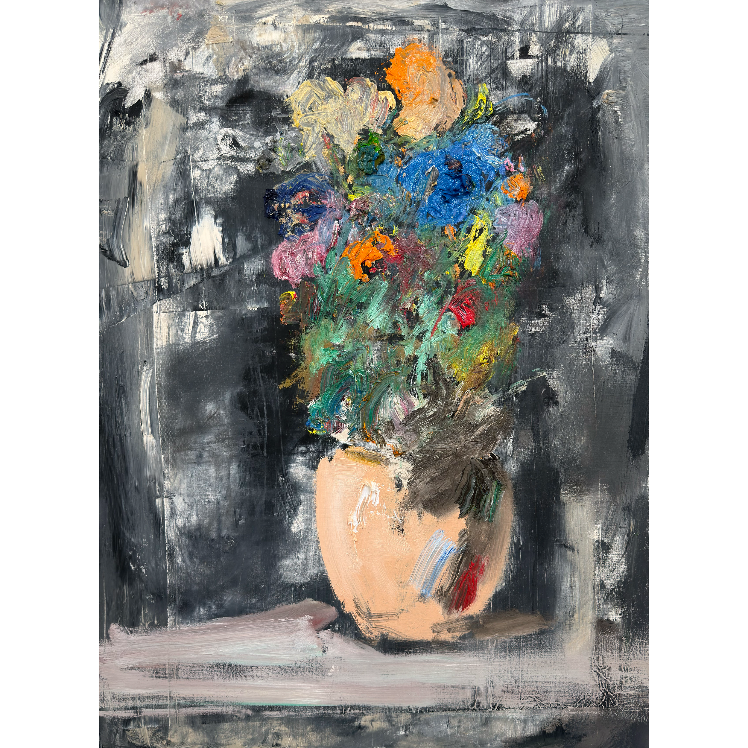 Vibrant abstract floral painting with bold brushstrokes, colorful bouquet, and textured gray background.
