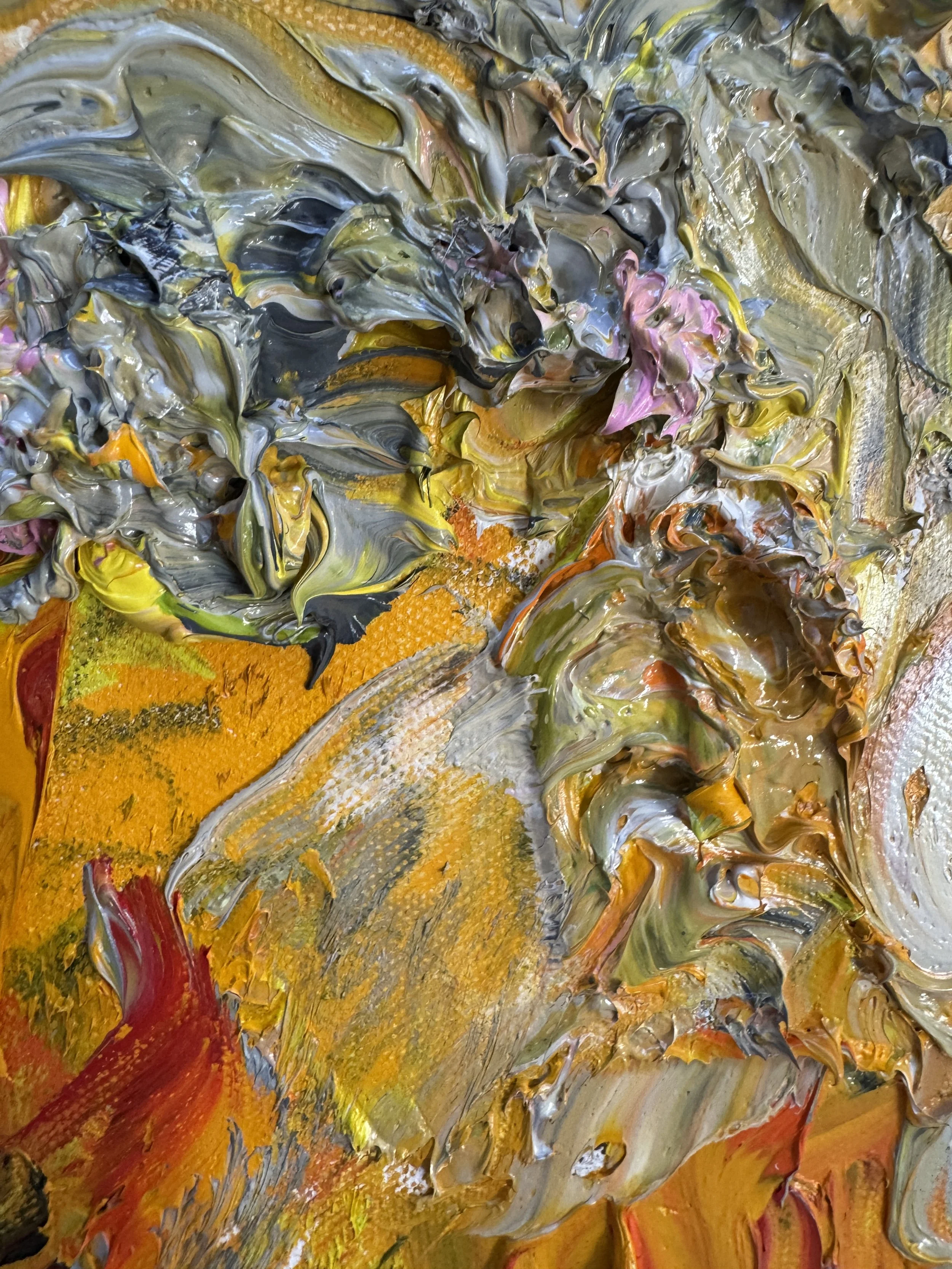 Abstract oil painting close-up with heavy texture and blended multicolor strokes.