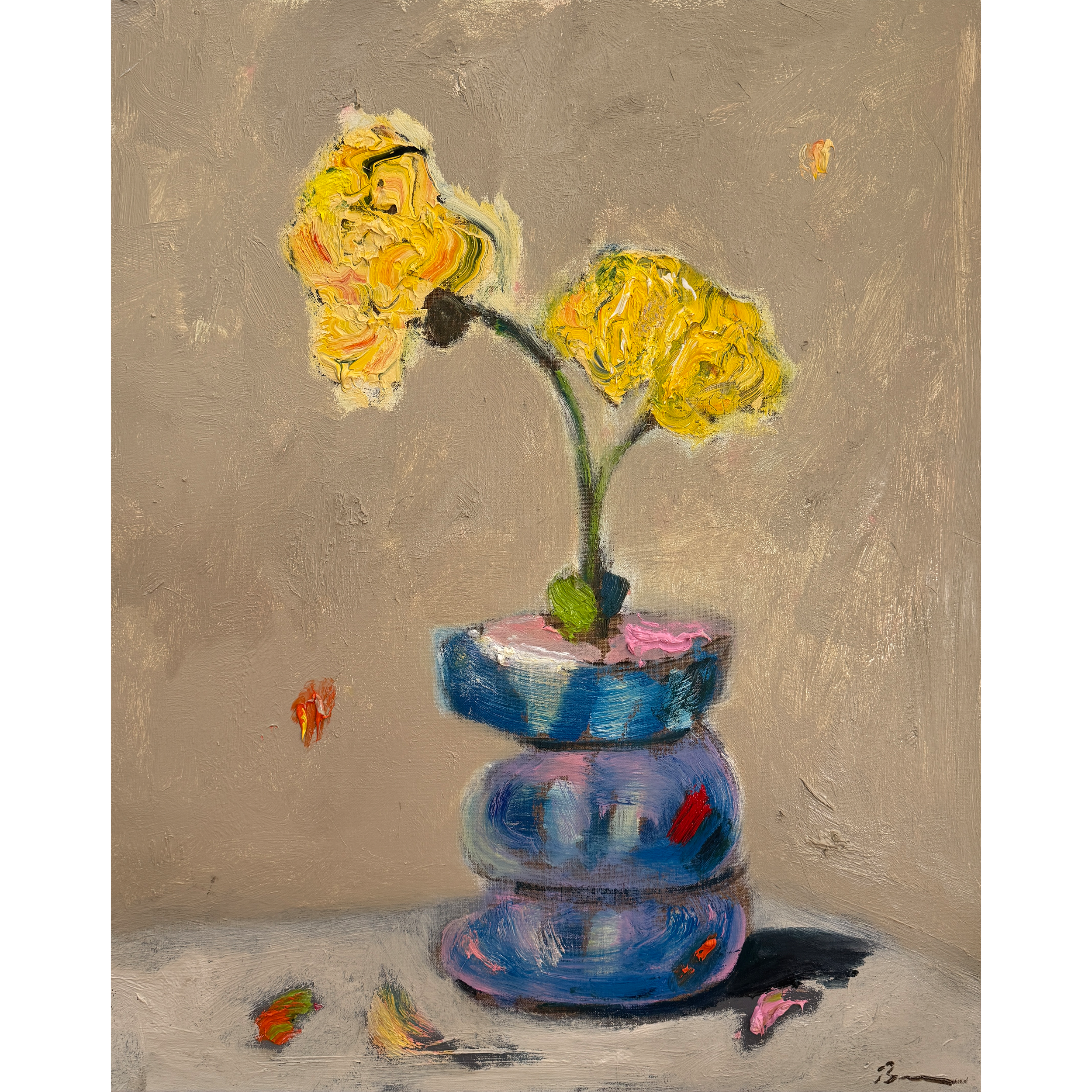 Expressive still‑life painting by Bradford Brenner featuring two yellow blooms in a blue vase with textured brushwork and warm, modern tones.