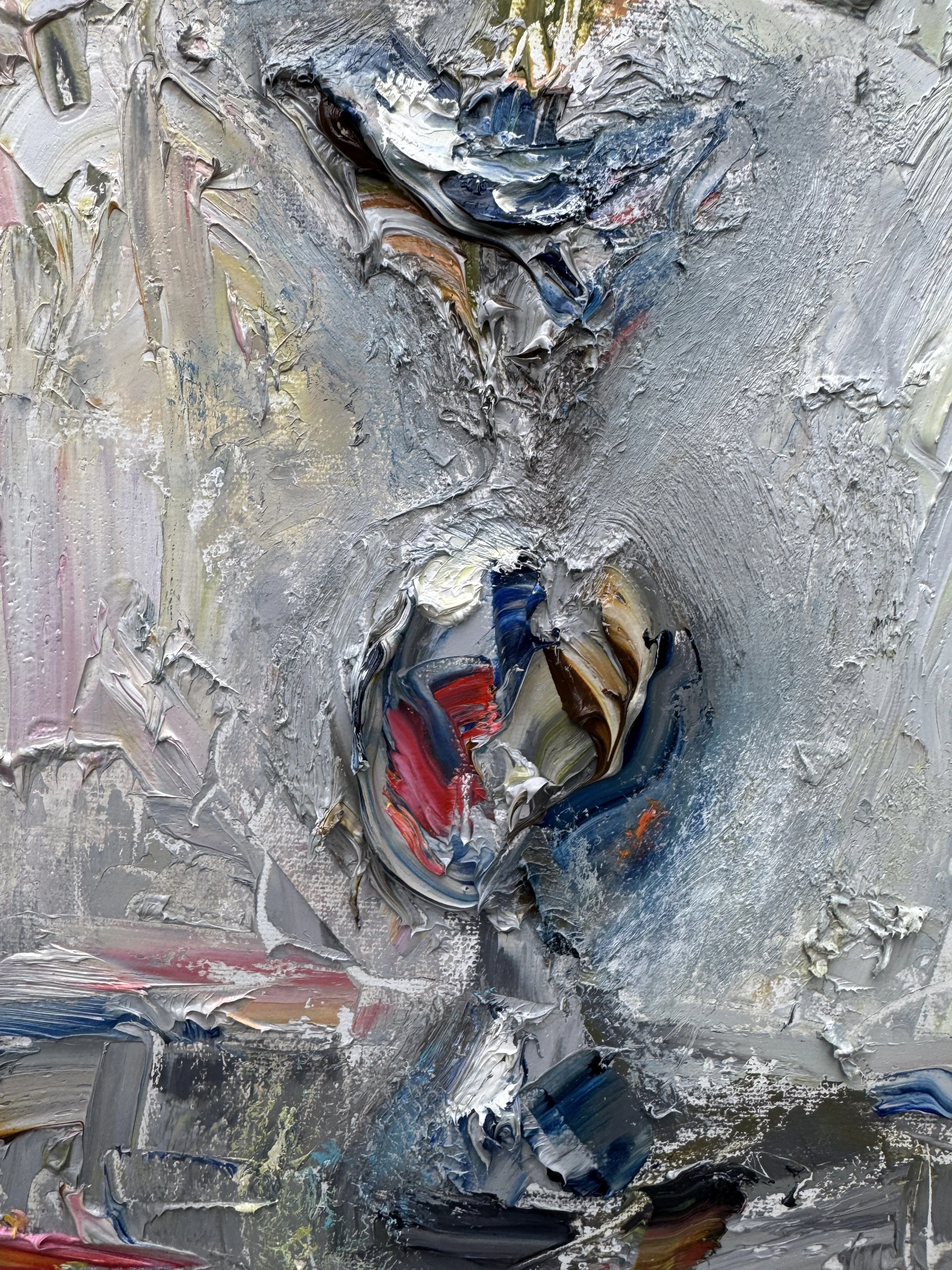 After the Rain detail, oil painting by Bradford Brenner — close-up of the sculptural blue, red and white impasto knot.