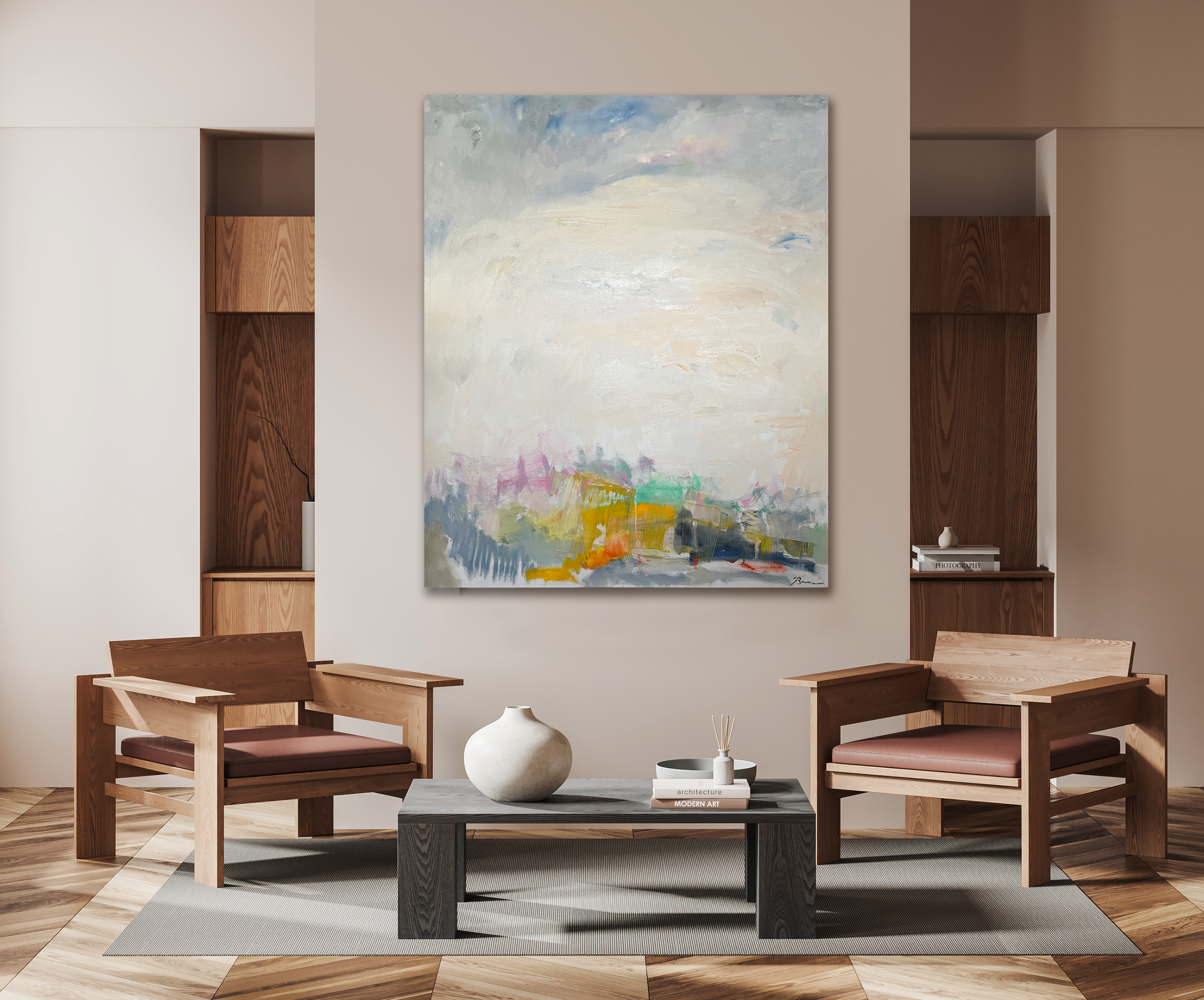 Modern living room with two wooden armchairs, a black coffee table, and a large abstract painting centered between built‑in wood shelves, creating a warm, minimalist, design forward interior.