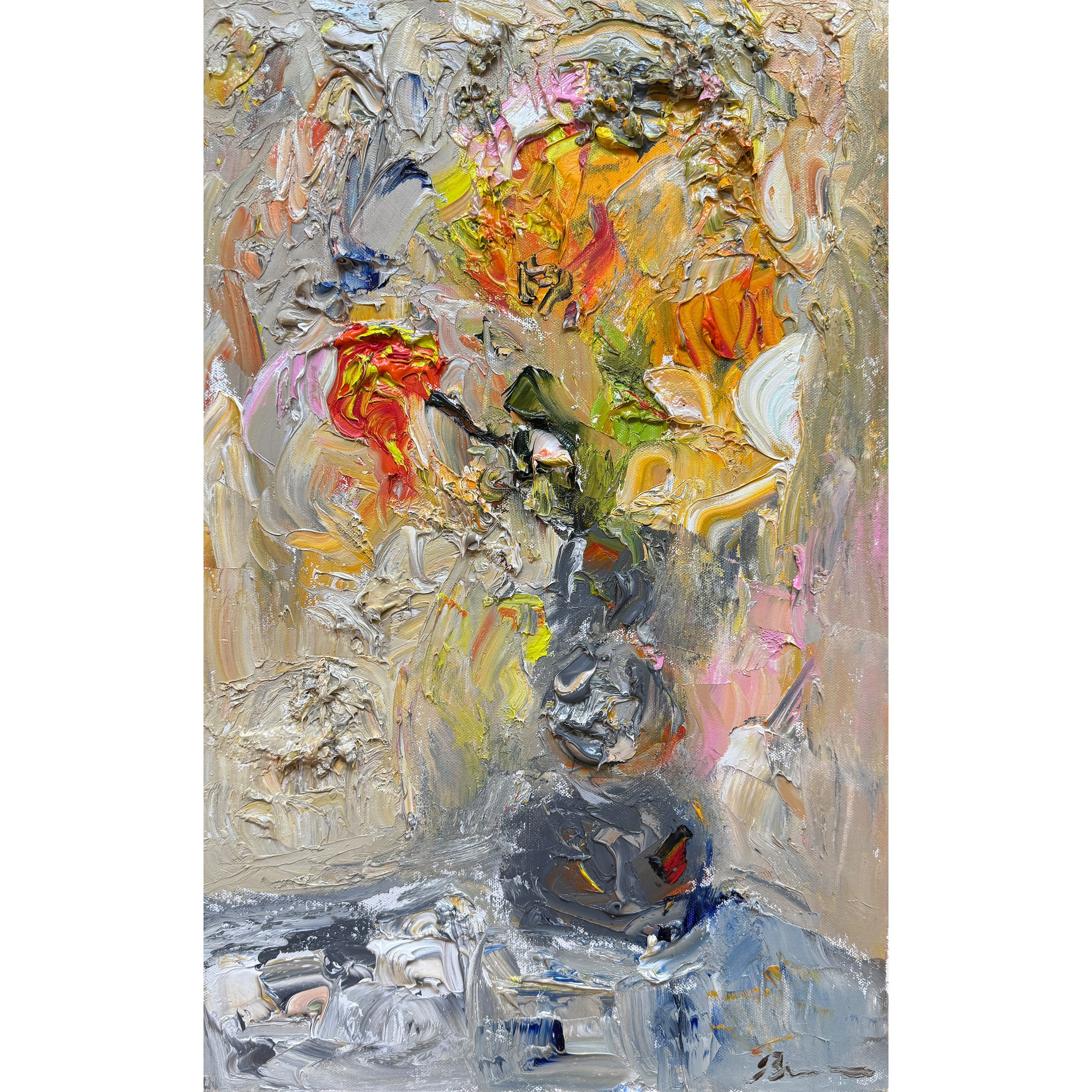 Textured abstract oil painting with vibrant mixed colors and thick impasto strokes.