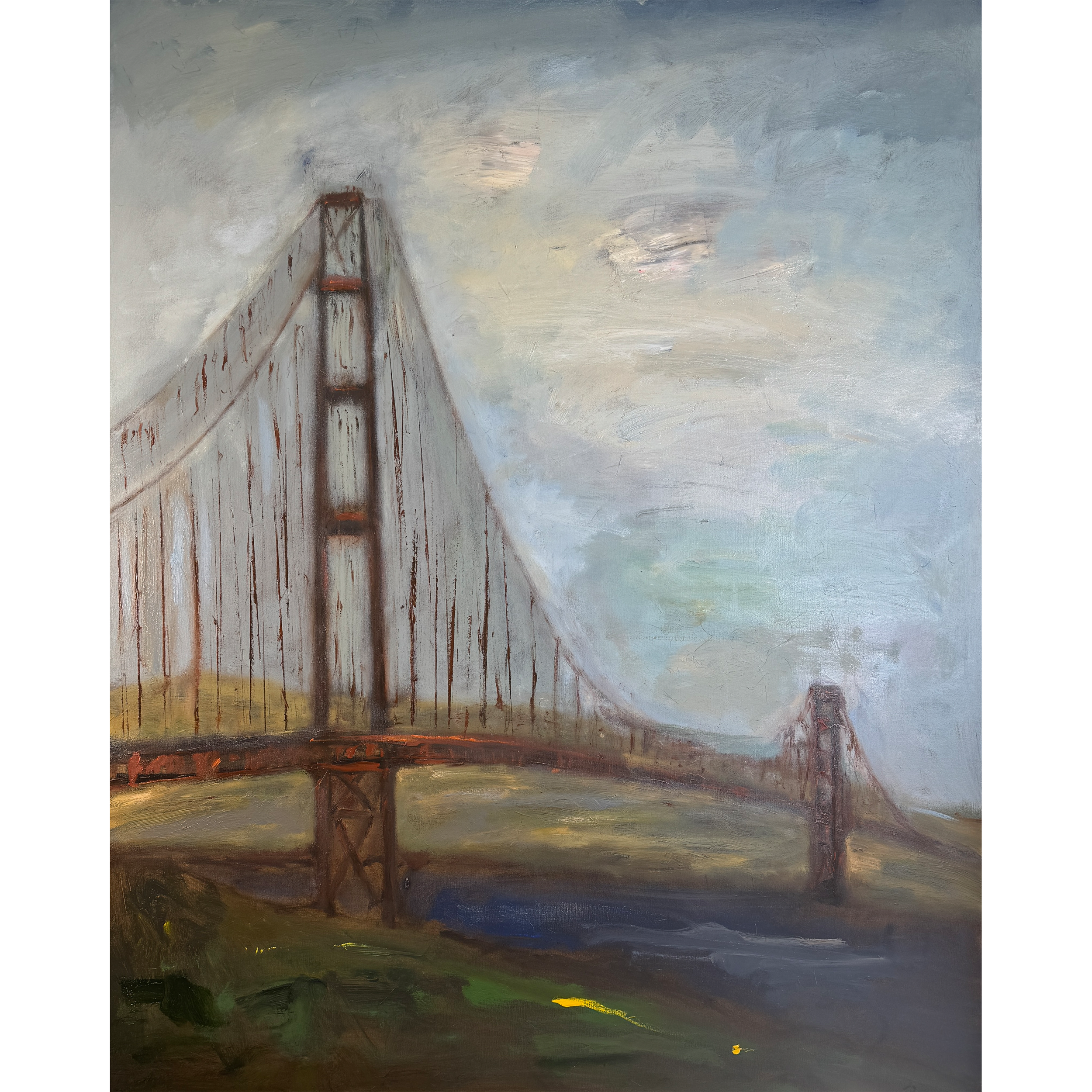 Impressionistic Golden Gate Bridge painting with soft foggy tones and textured brushwork.