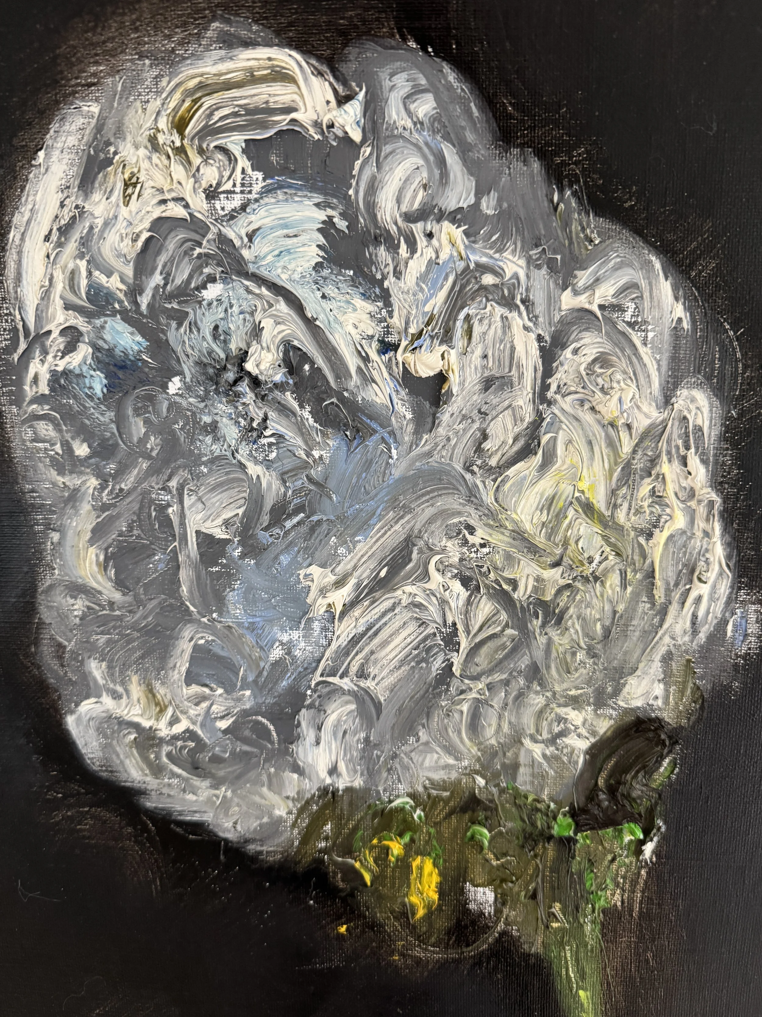 Textured abstract close‑up with layered white, gray, and blue strokes forming a swirling, brain‑like shape against a dark background.