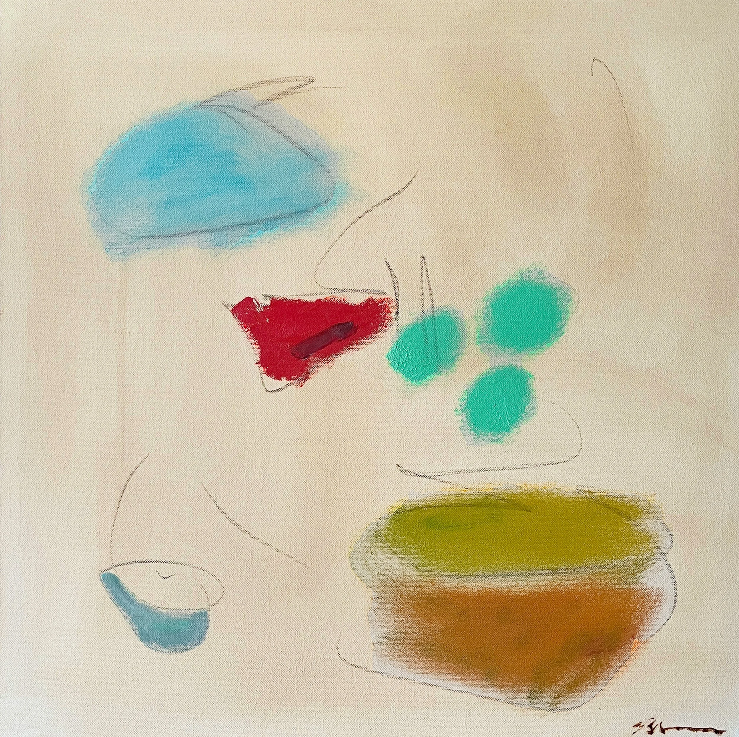 Abstract painting with blue, red, turquoise, and brown shapes on a soft beige background.