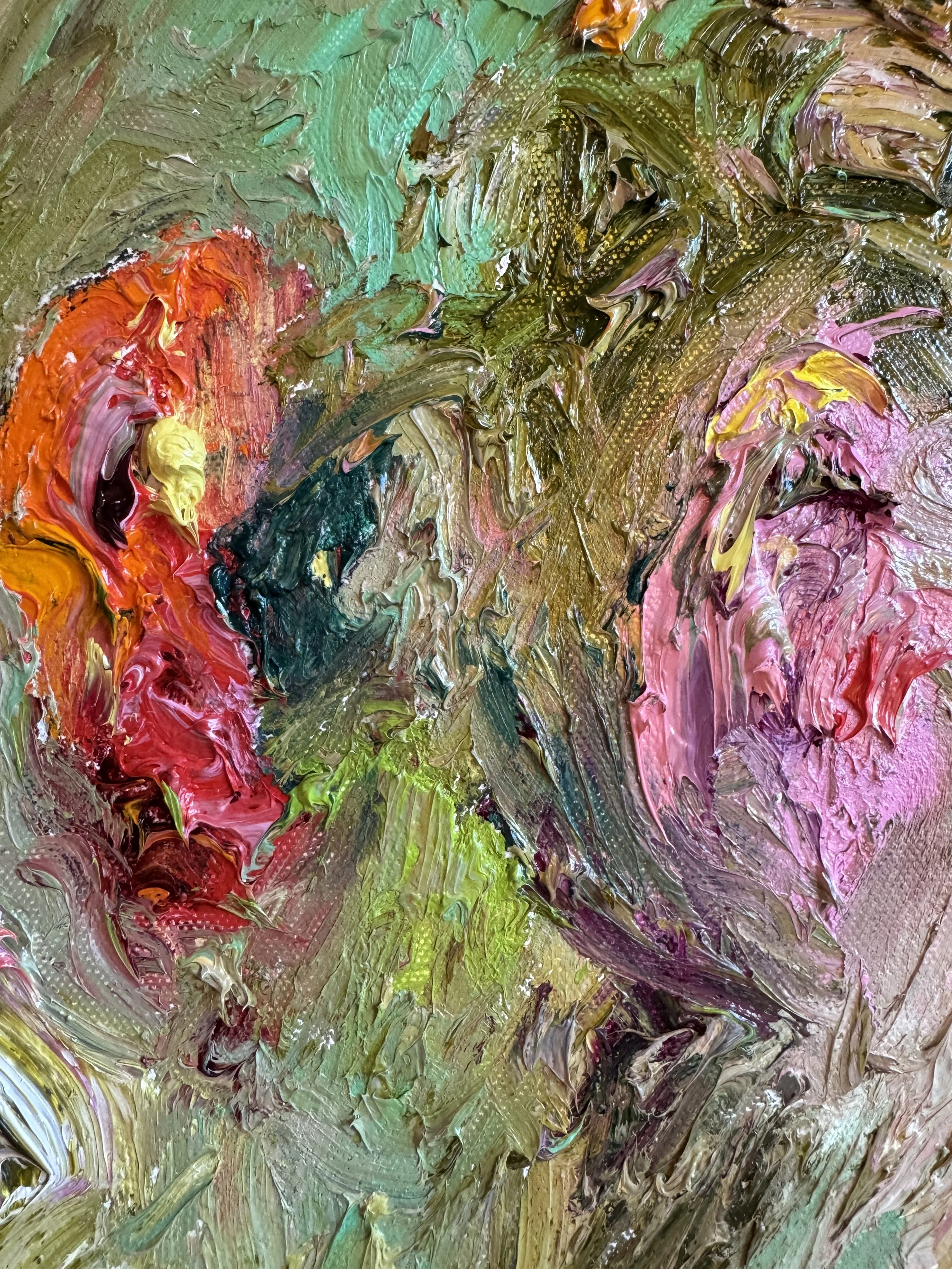 Close-up of vibrant oil brushstrokes in red, pink, turquoise, and green, layered with thick impasto texture and expressive movement.