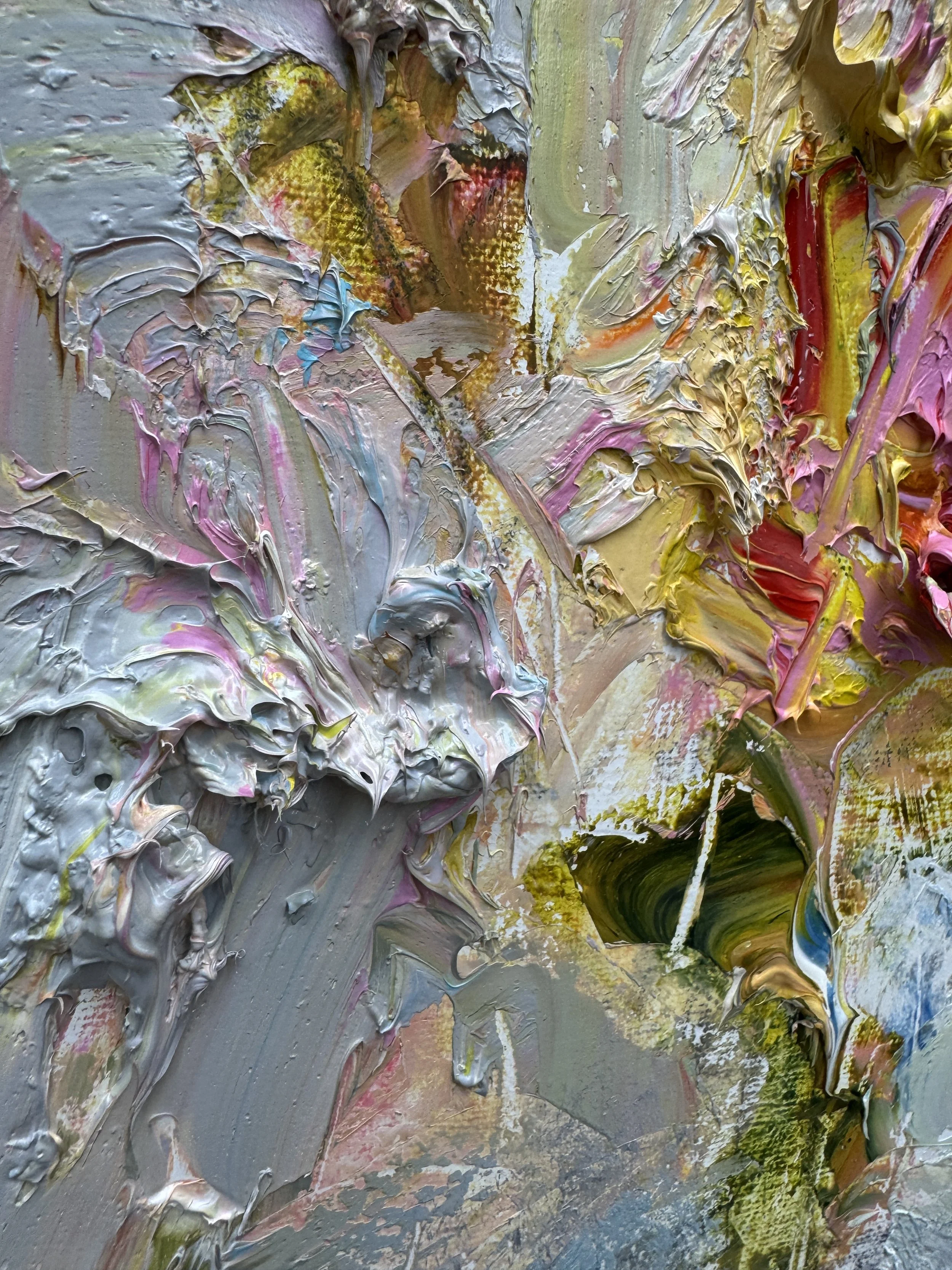 After the Rain detail, oil painting by Bradford Brenner — close-up of blush, gold and sage impasto petals.