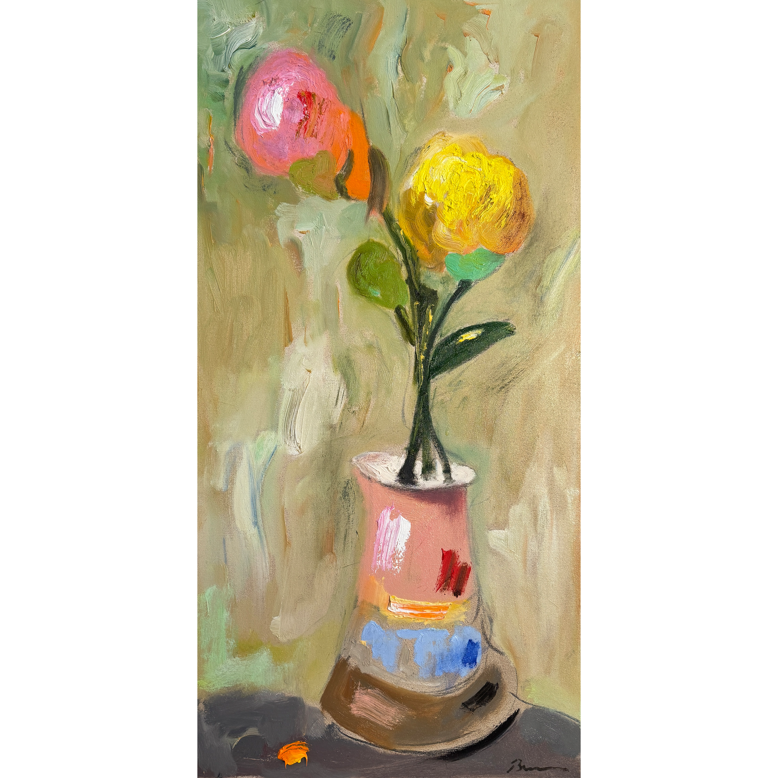 Abstract floral painting with two bold flowers in a multicolored vase; expressive brushstrokes and earthy background tones.