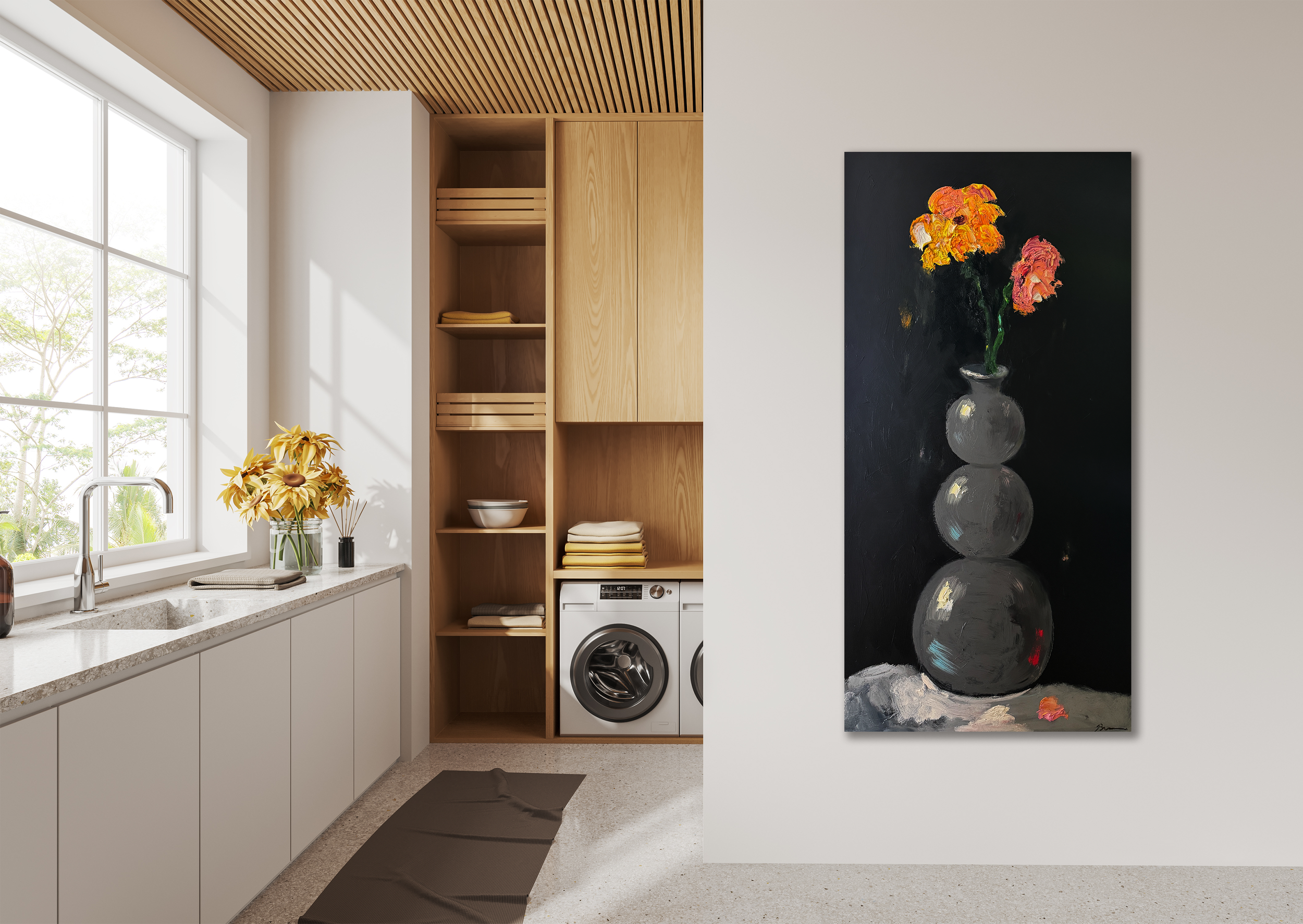 Still‑life painting of stacked gray vase with two textured orange and yellow flowers.