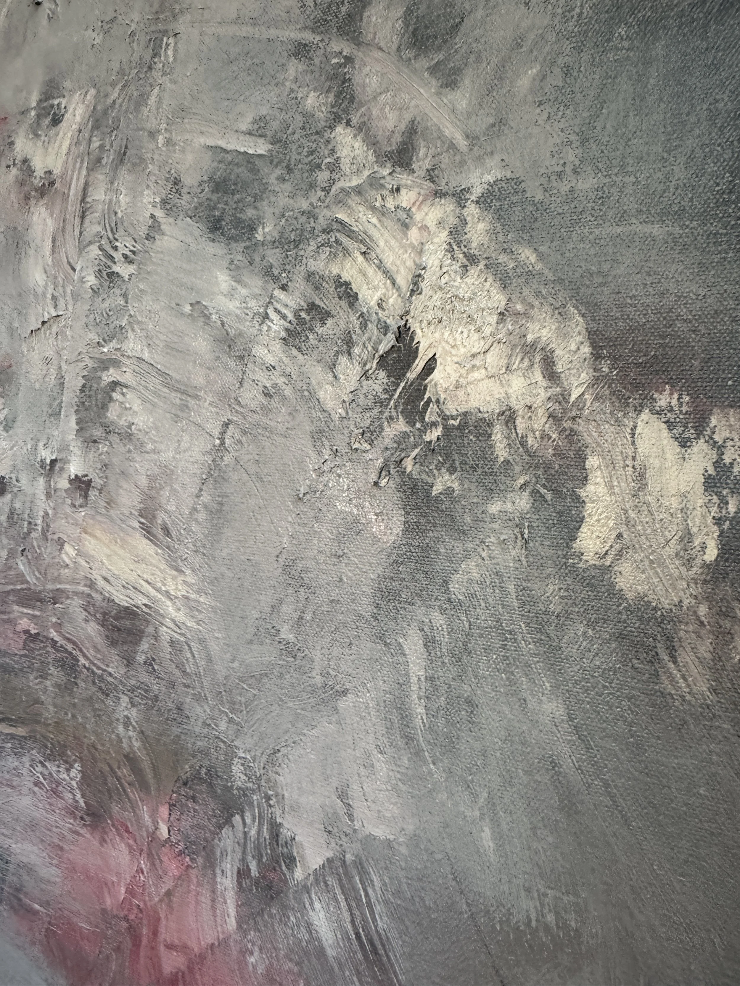 Detail of Bradford Brenner’s As Above, So Below triptych; textured cloud forms in gray, white, and soft pink suggest atmospheric movement