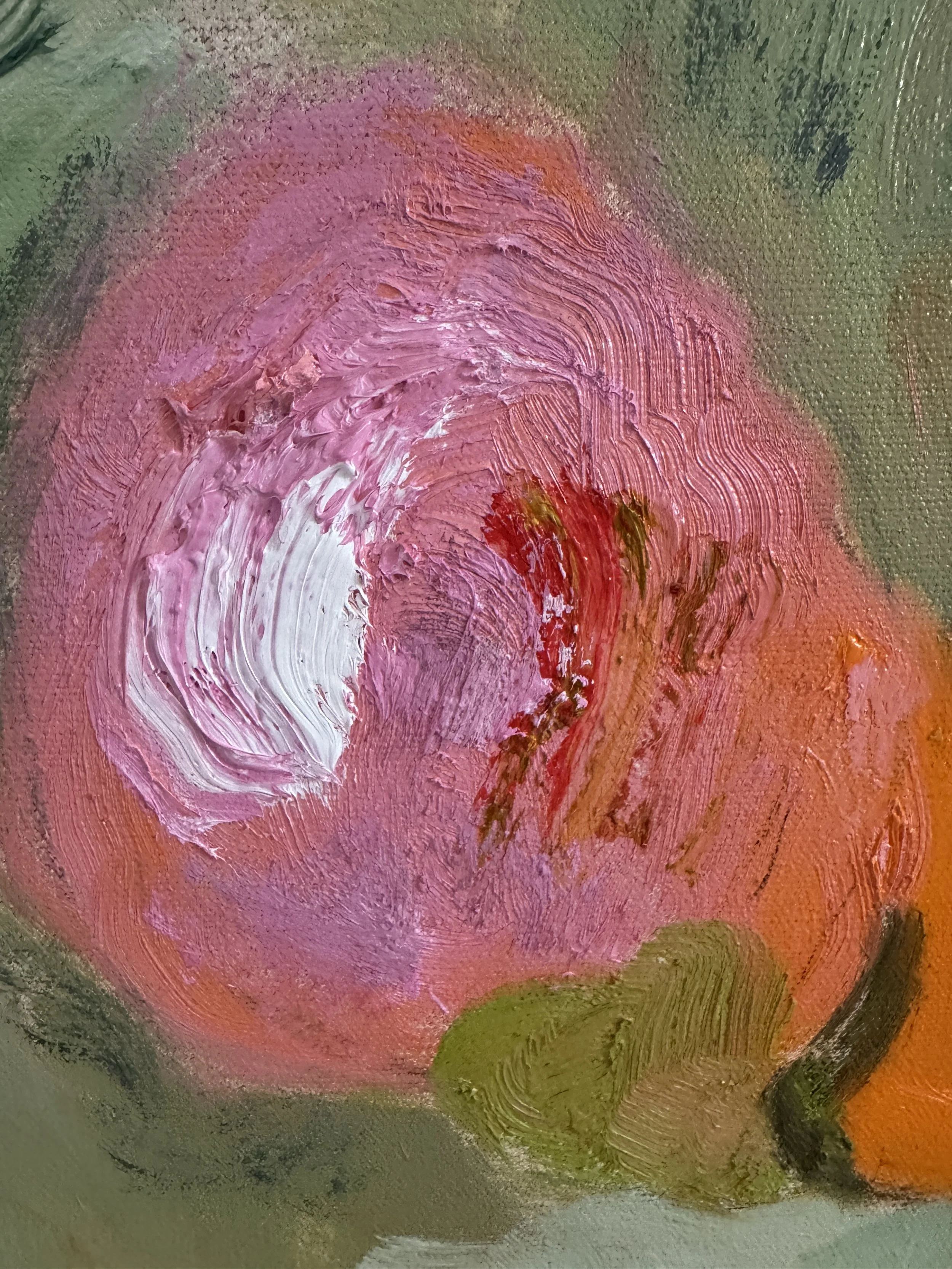 Abstract oil painting with swirling pink, red, and green brushstrokes; layered texture and movement.