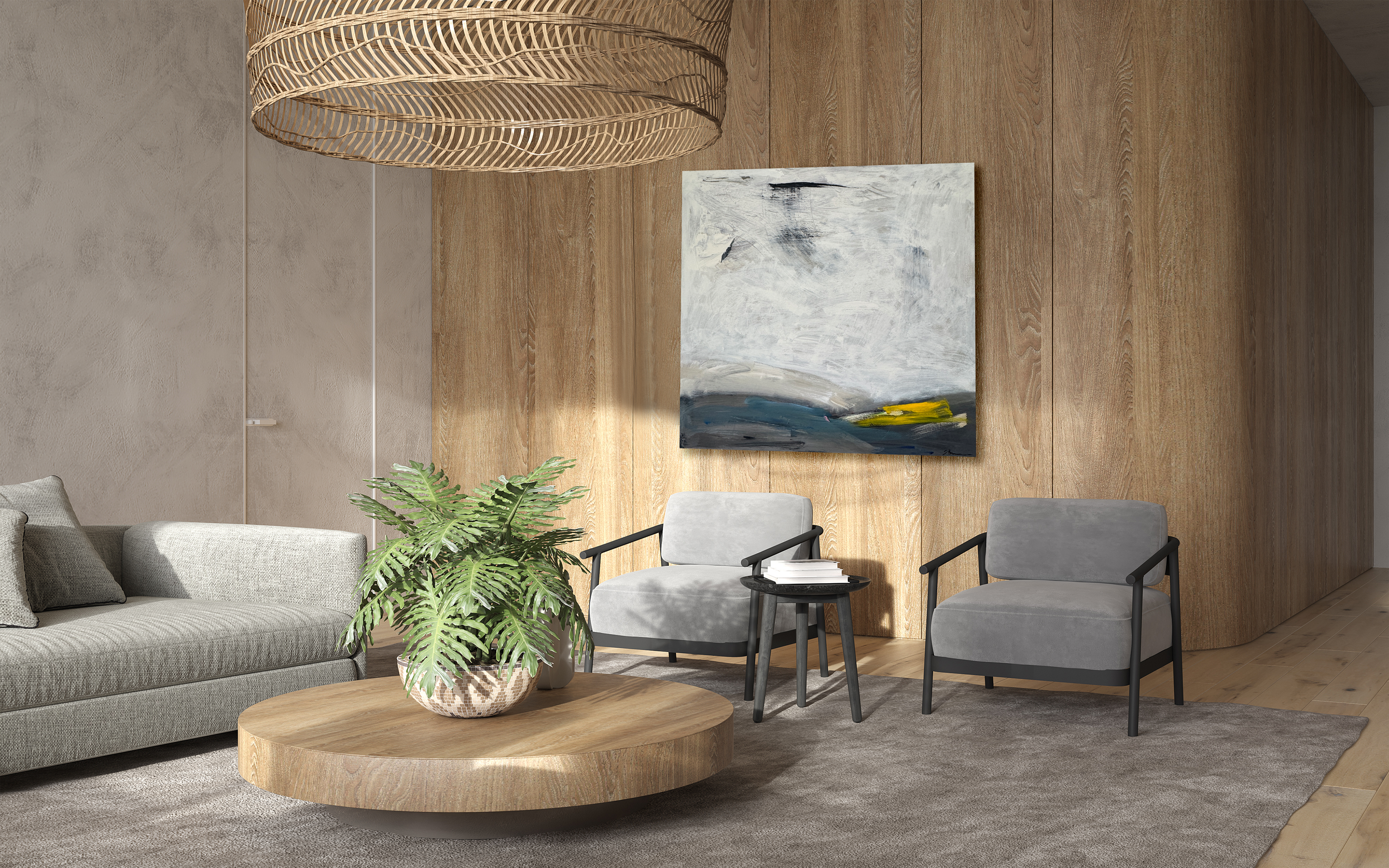 Modern abstract painting hanging in a neutral living room with gray seating and a round wood coffee table.