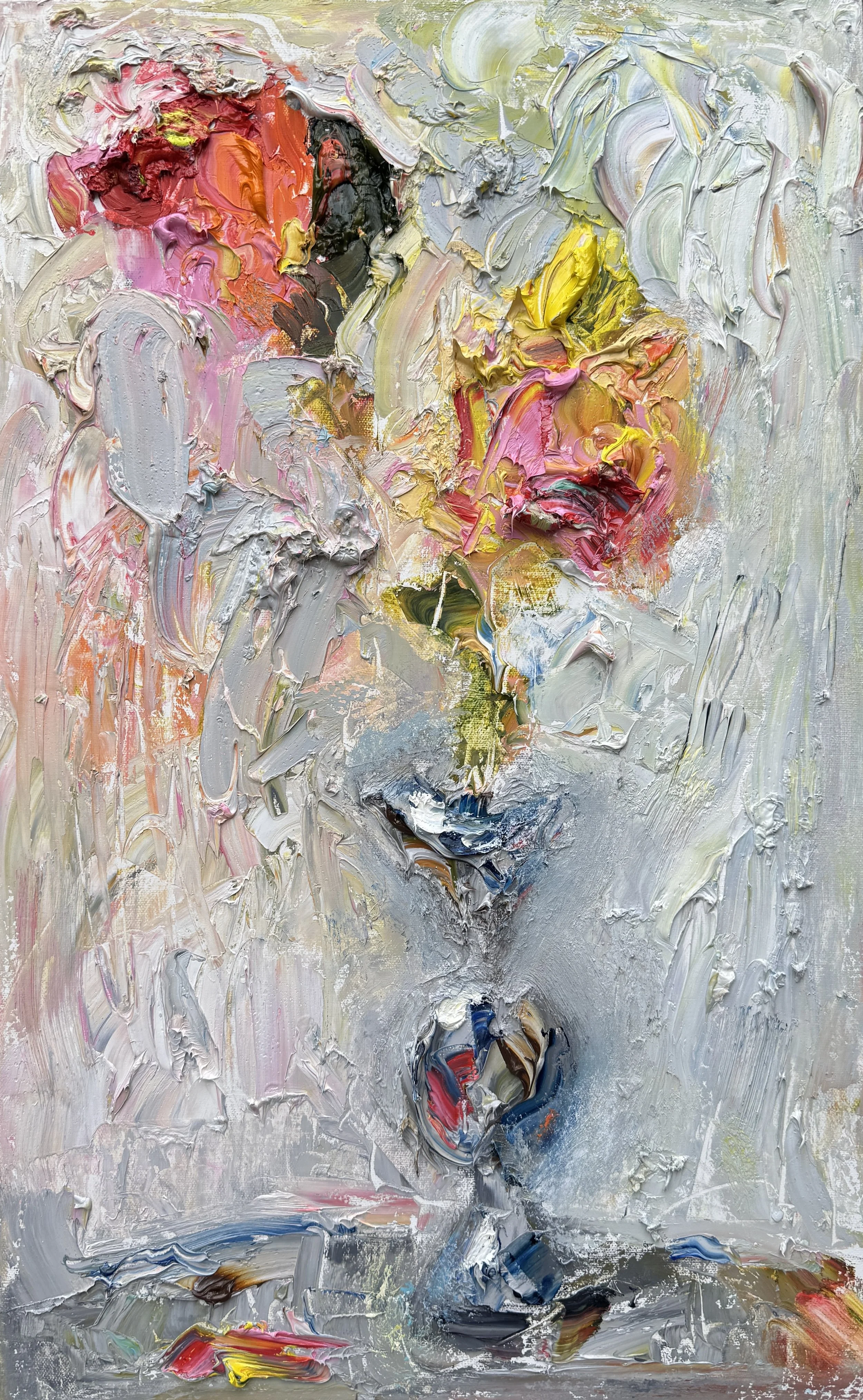 After the Rain, oil painting by Bradford Brenner — impasto roses in crimson, coral and gold rising from a silver-gray ground.