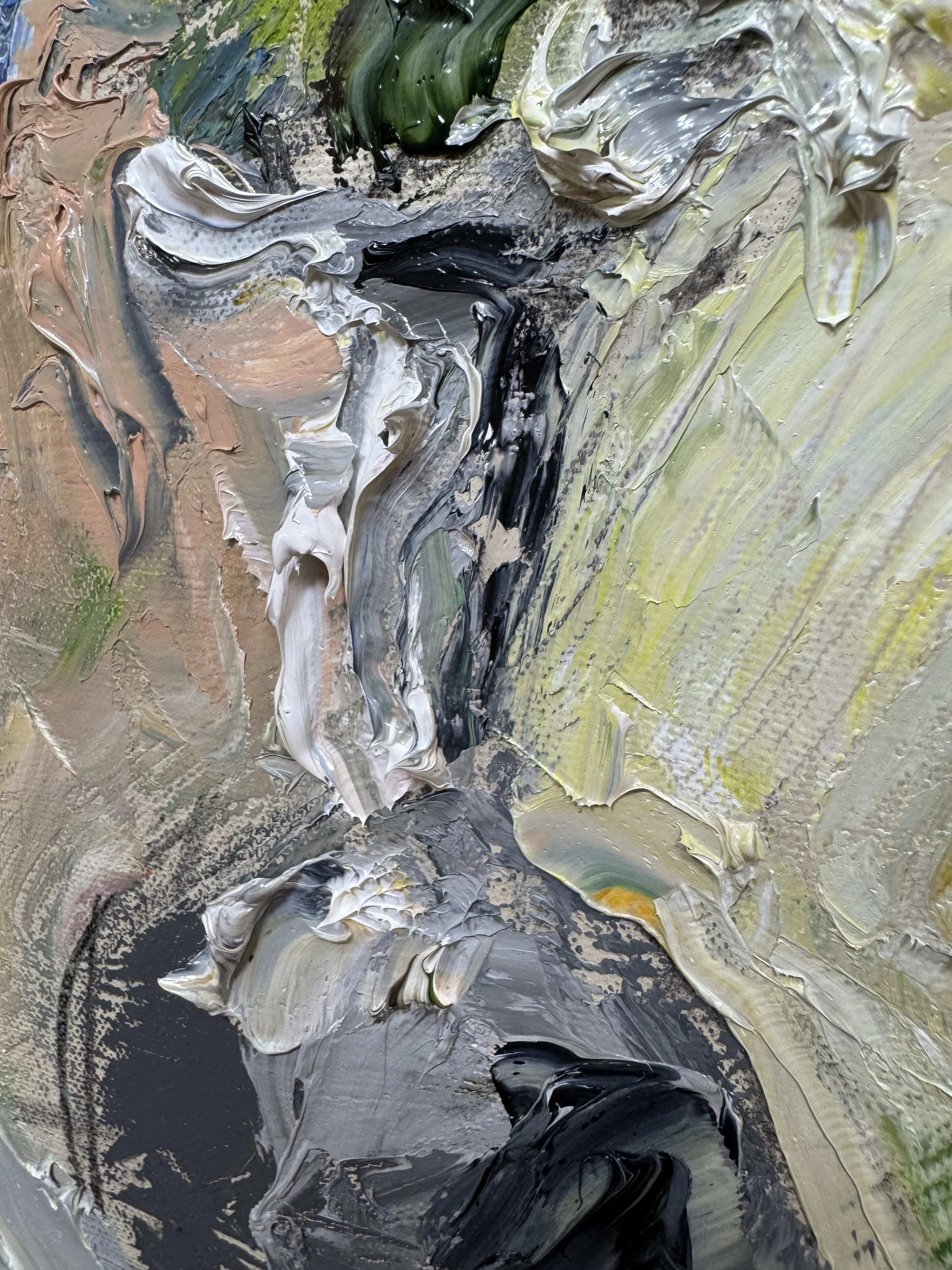 Neutral-toned abstract painting with heavy textured oil paint.