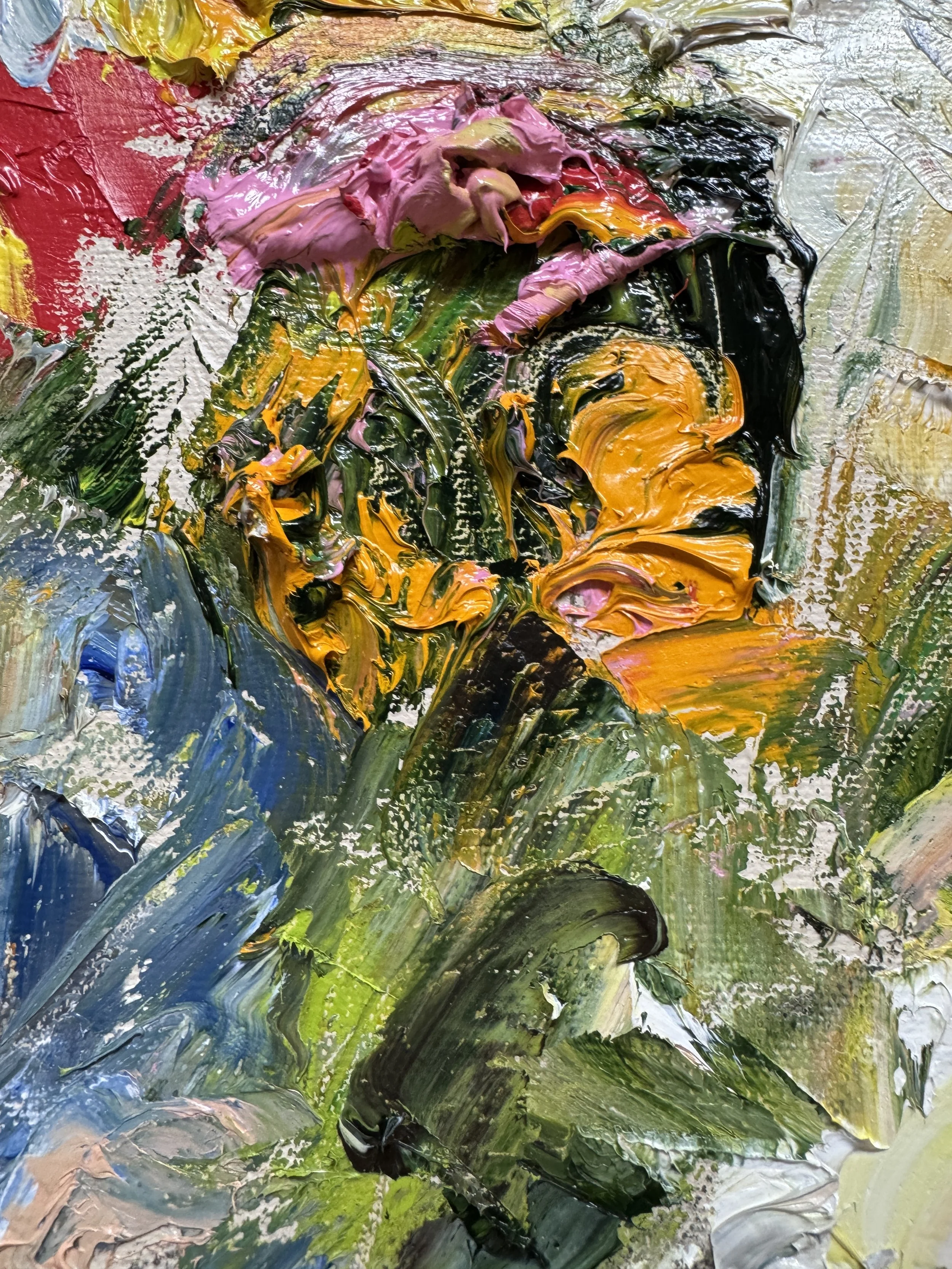 Thick, layered abstract oil paint with blended multicolor strokes.