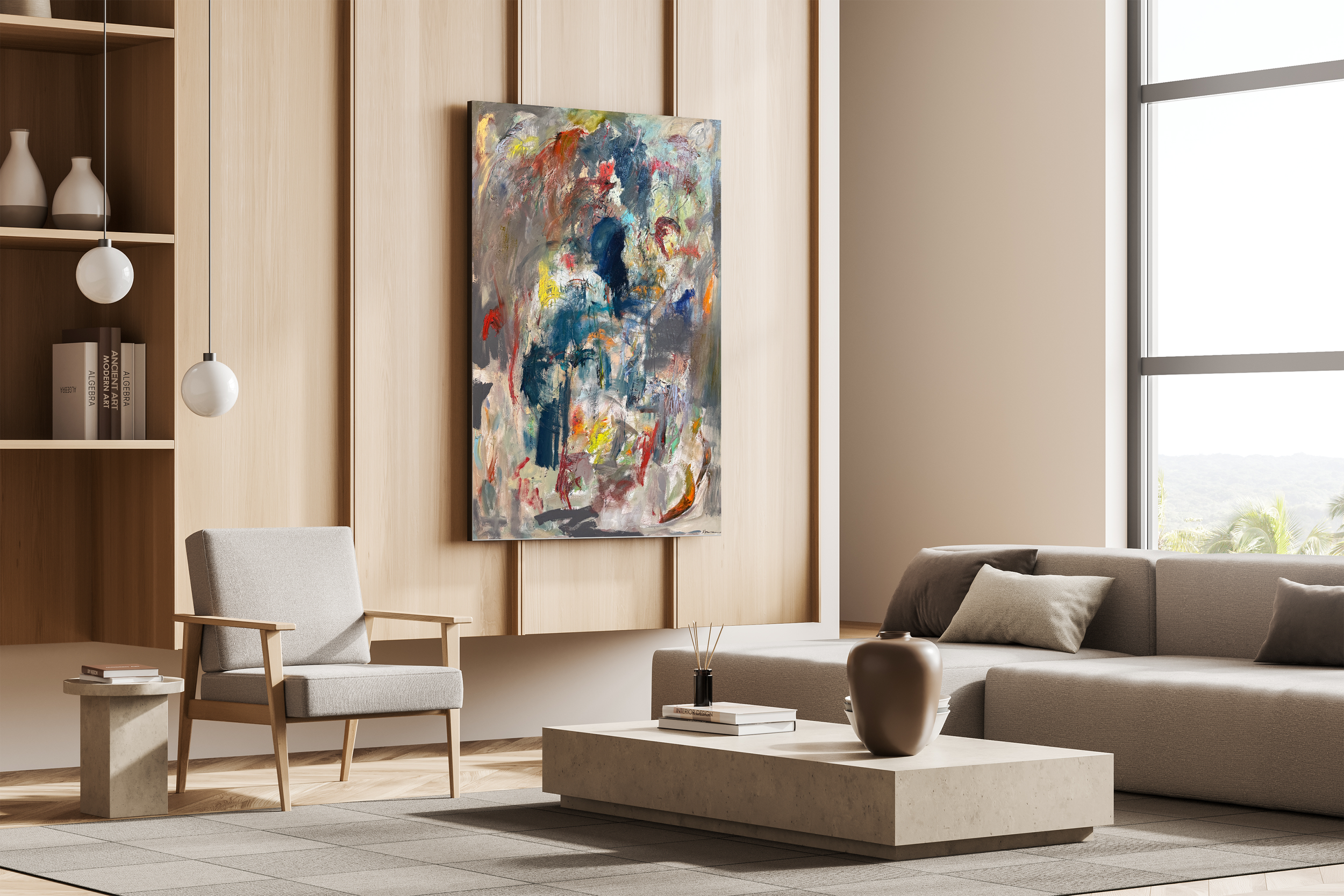 Installation view of “Hue Had Me at Hello,” a large abstract painting mounted on a wood‑paneled wall in a modern living room with neutral furnishings.