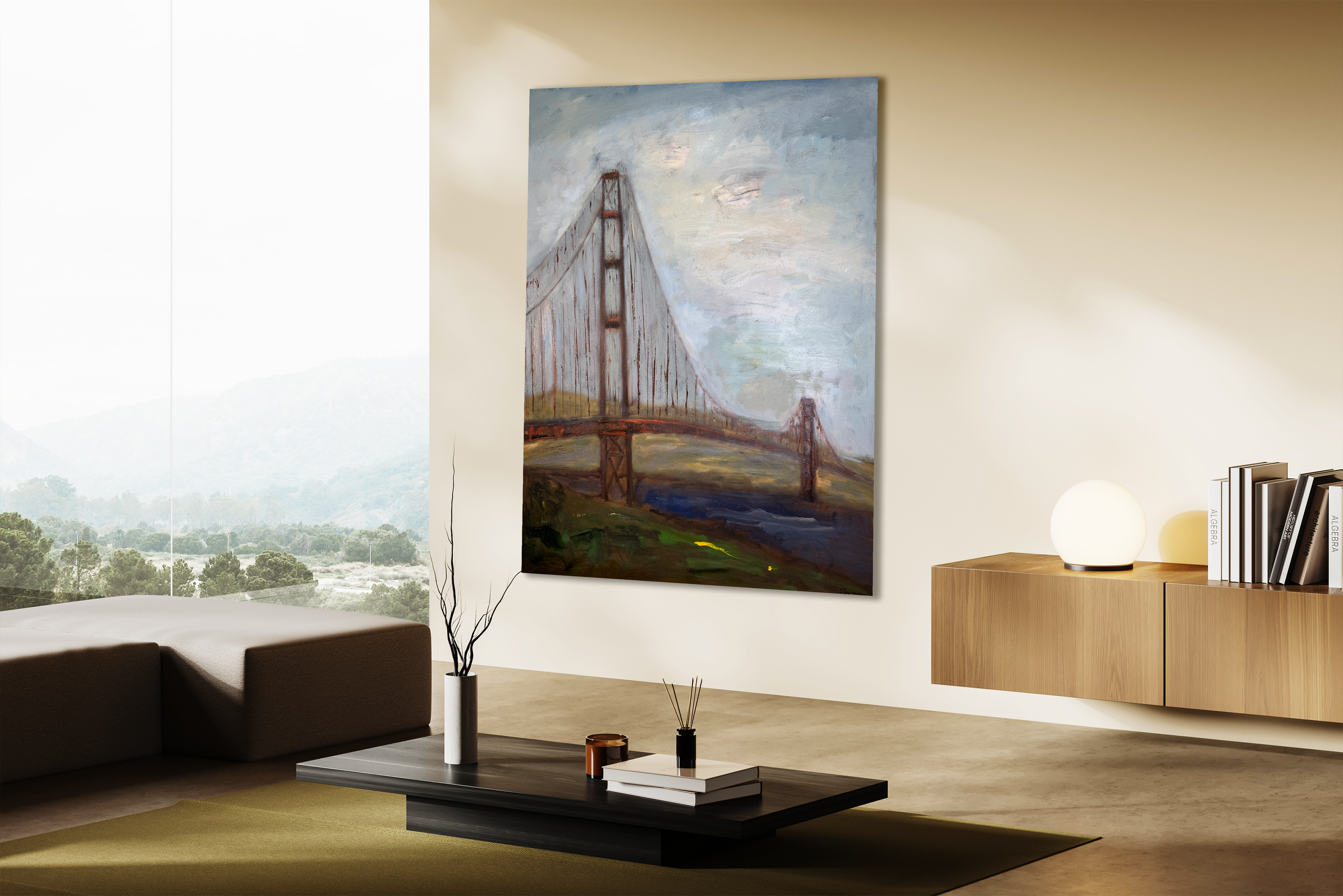 Golden Gate Bridge painting styled in a modern living room with minimalist décor and natural light.