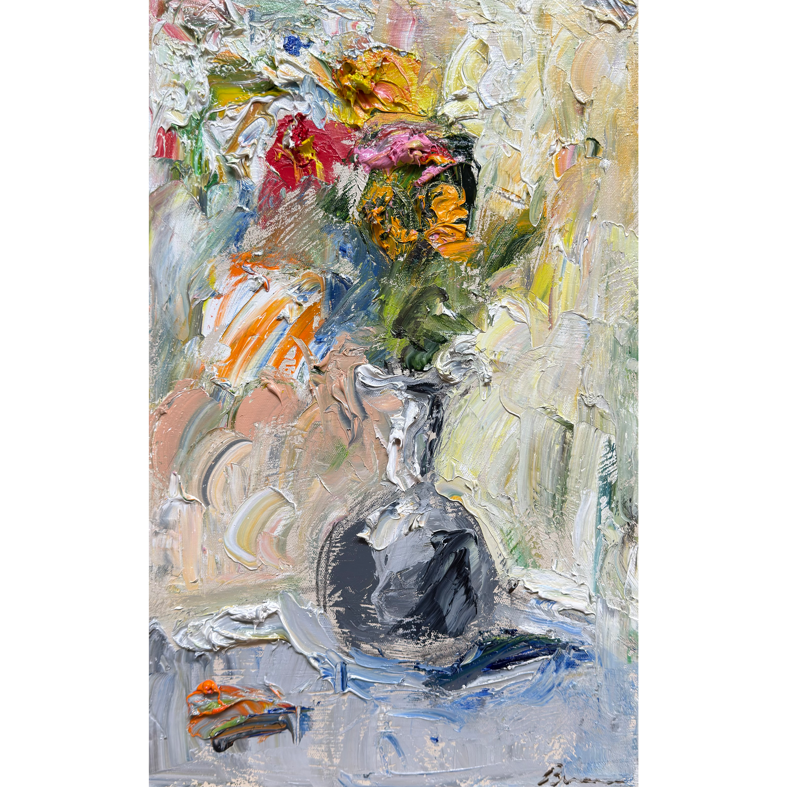 Abstract impasto painting of a dark vase with vivid mango‑colored florals and an orange swatch on the table, painted with thick textured brushstrokes in yellow, orange, pink, cream, and green.
