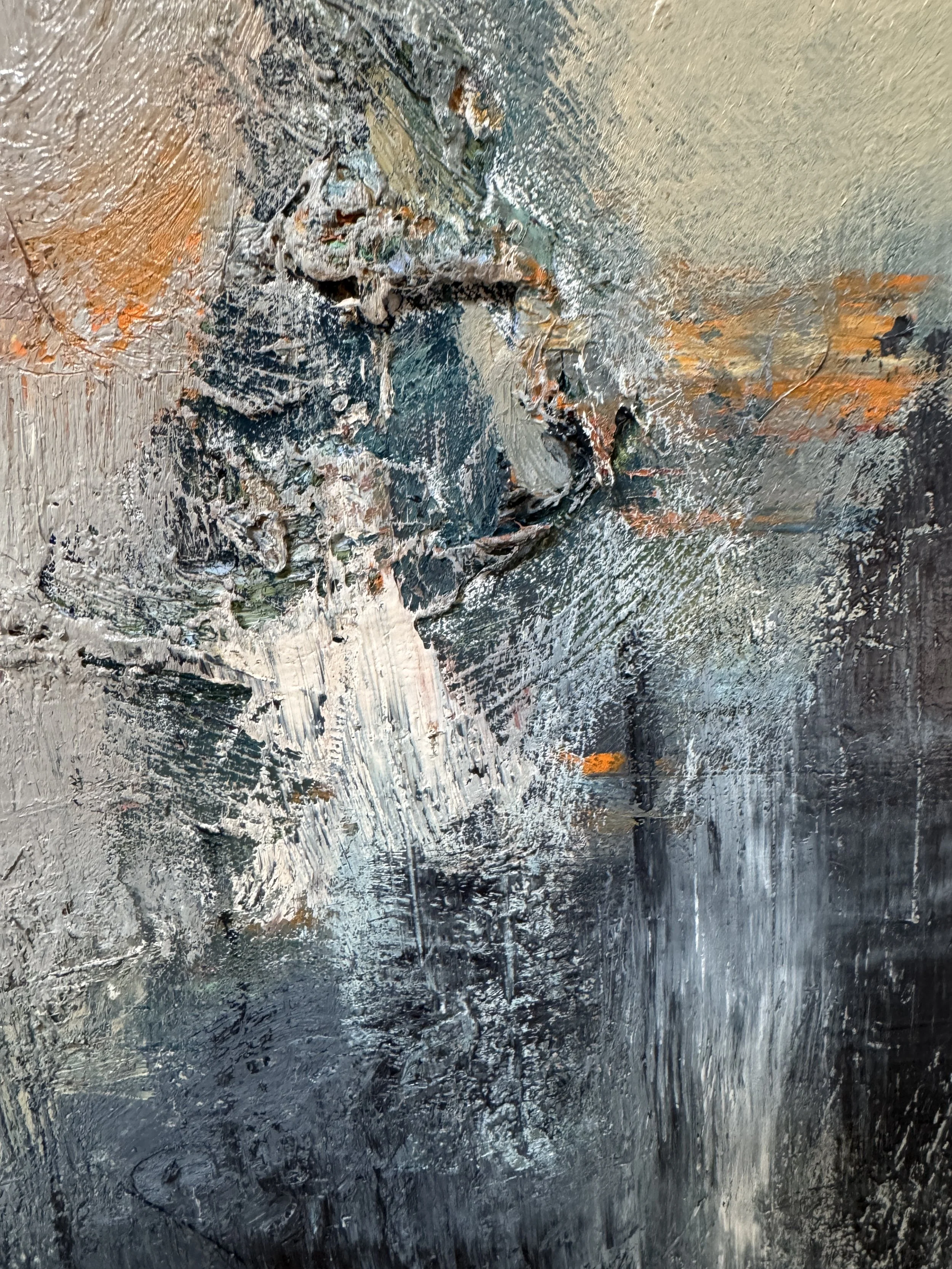 Impasto-style abstract painting with dynamic gray, black, and white strokes, softened by orange and green highlights on a textured surface.