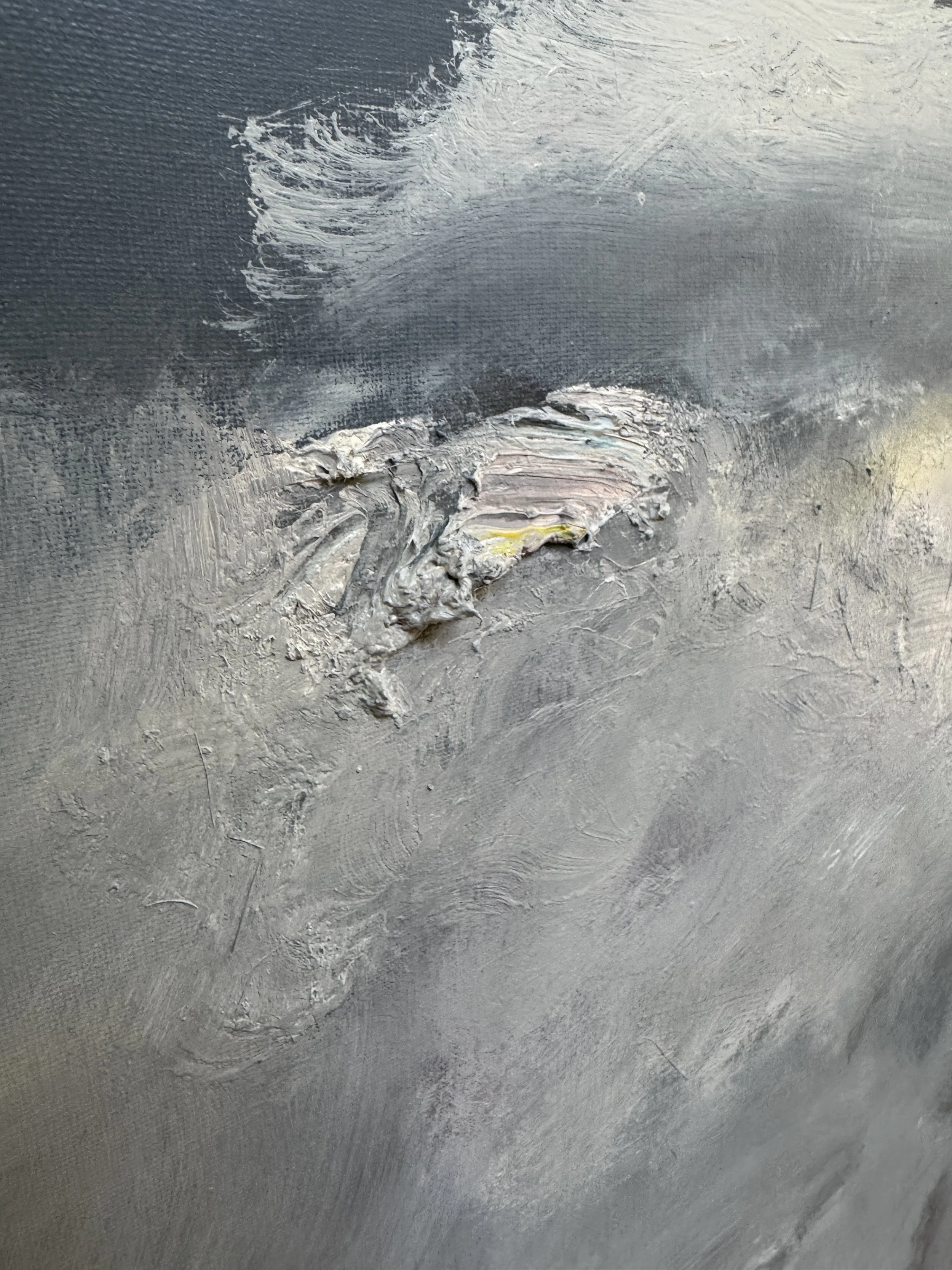 Close-up of abstract canvas with sculpted texture and palette knife work; gray, white, and soft pink tones blend dynamically.