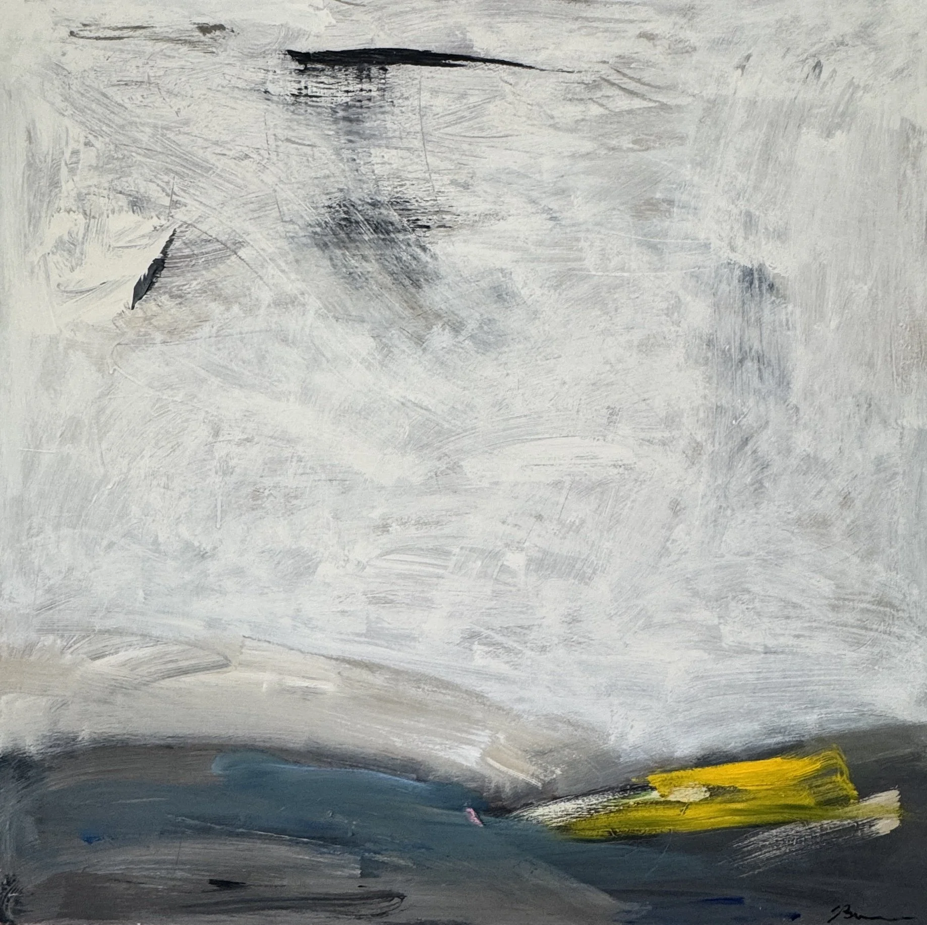 Abstract coastal painting by Bradford Brenner with textured white, gray, and blue brushstrokes and a bright yellow accent, evoking Mediterranean light and atmosphere.