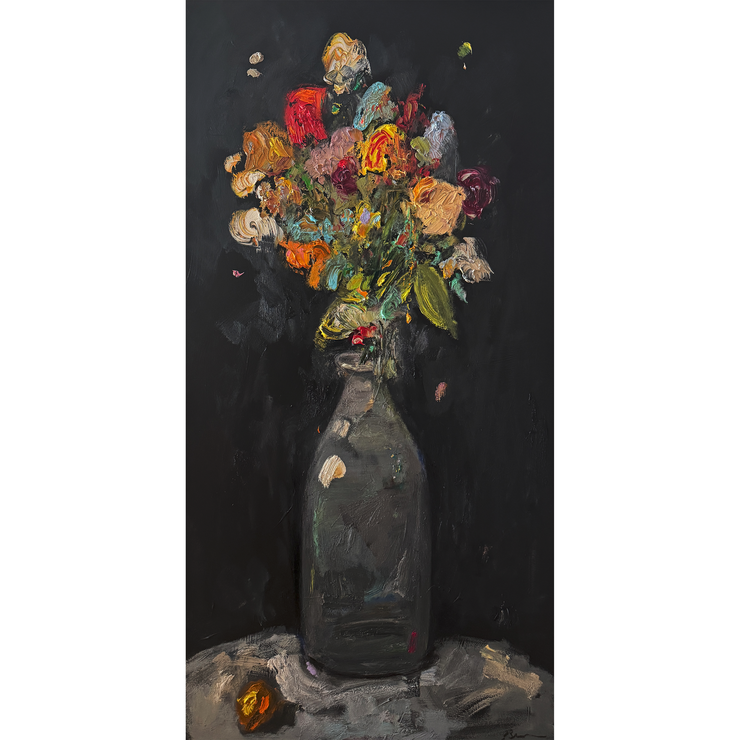 Abstract floral painting with two bold flowers in a multicolored vase; thick textured brushstrokes against a dark background.