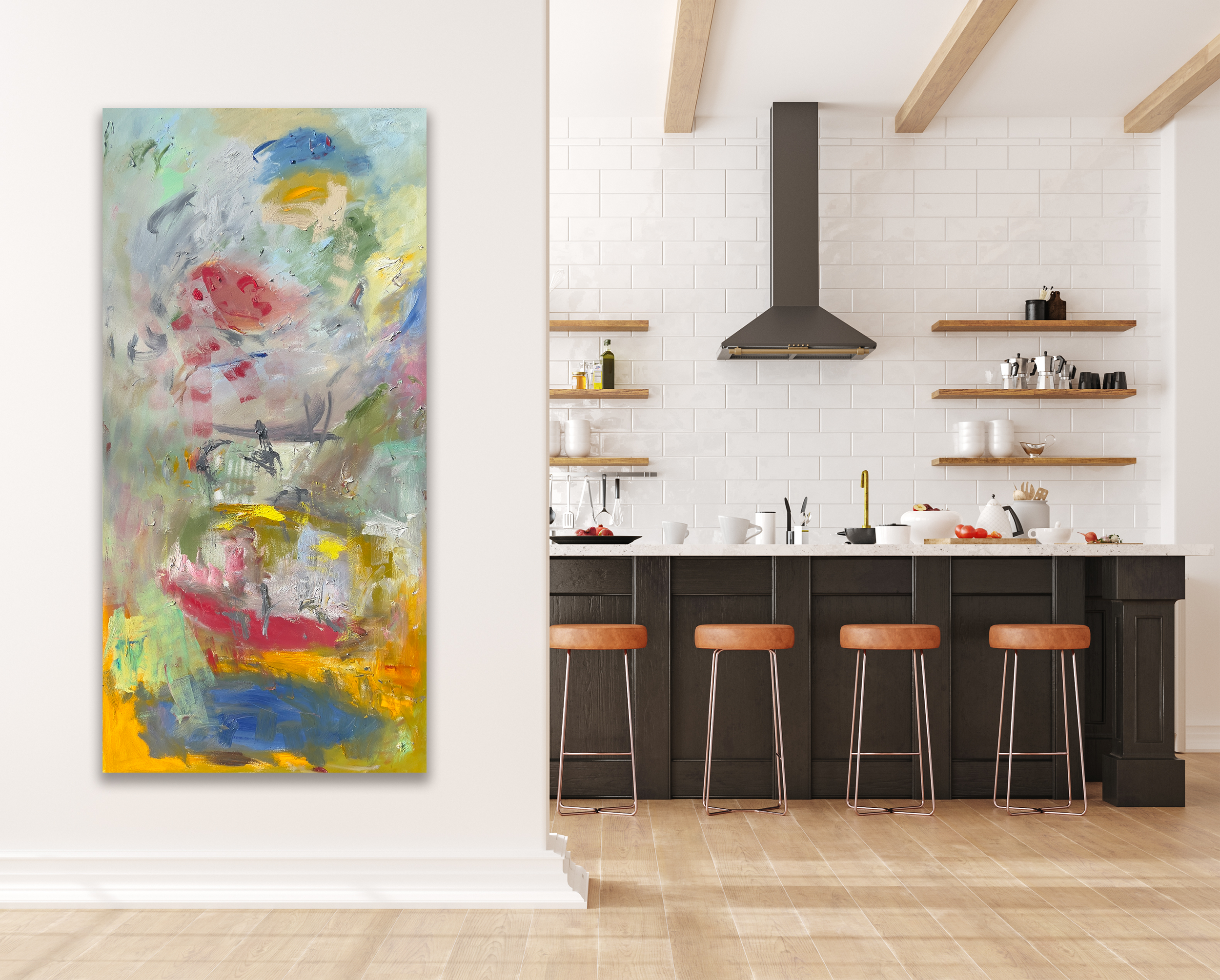 Modern kitchen with abstract painting, white subway tile backsplash, leather bar stools, and exposed wood beams.