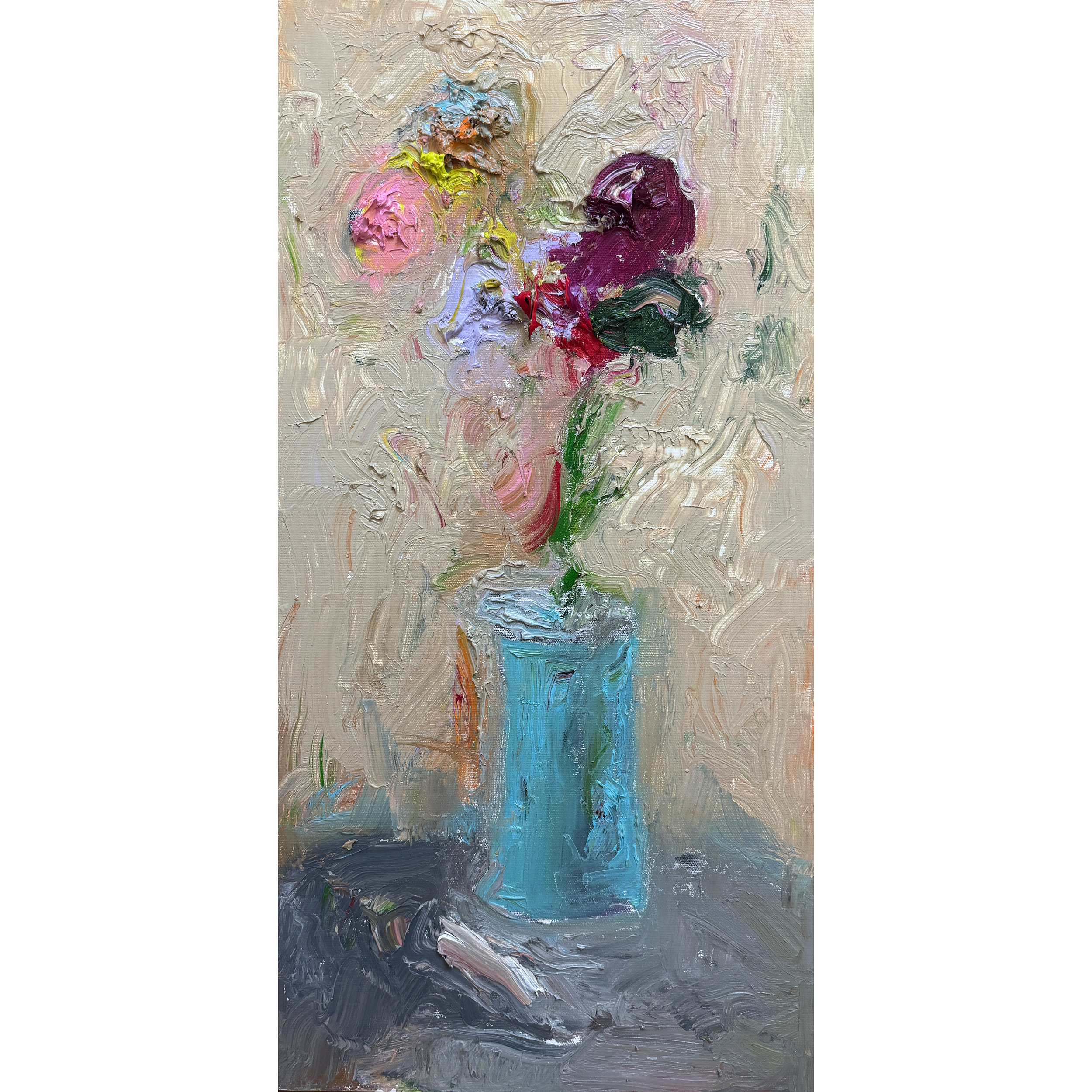 Textured floral painting with vibrant pink, purple, red, yellow, and green blooms in a blue vase against a neutral background.