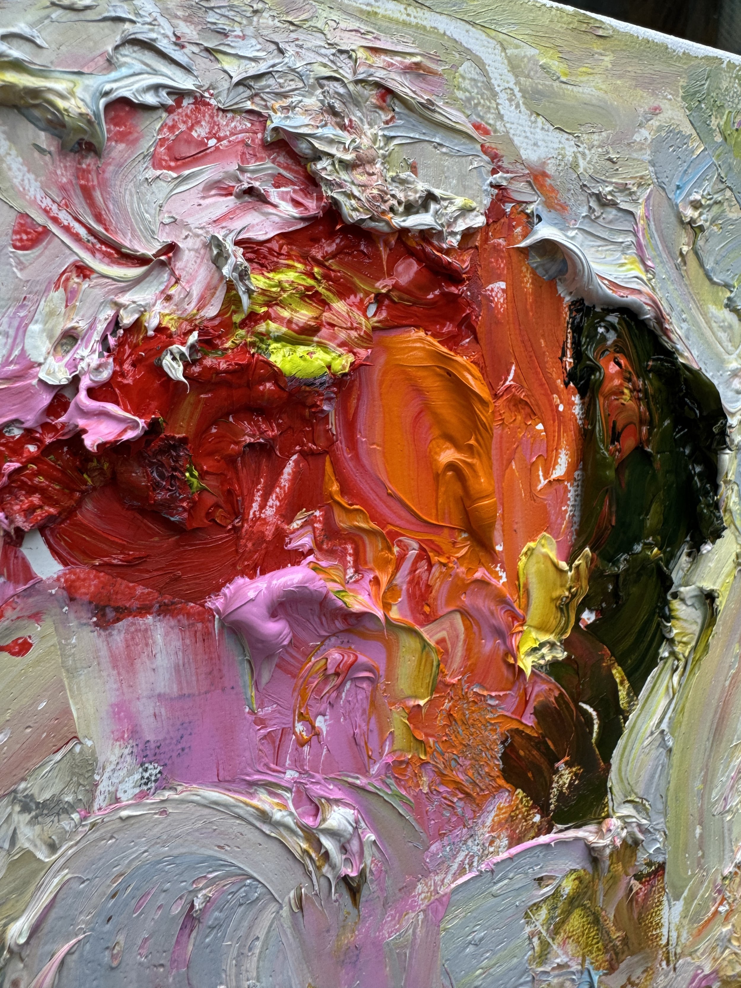 After the Rain detail, oil painting by Bradford Brenner — close-up of the crimson and orange bloom in thick impasto.