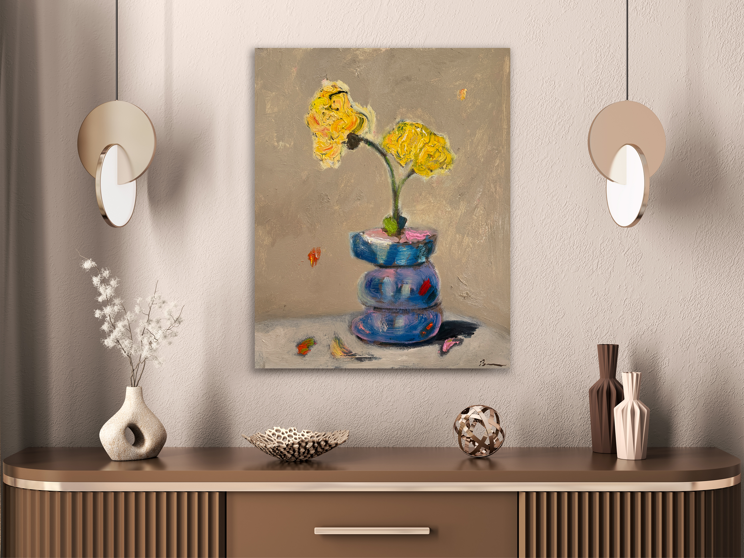 Modern interior design featuring Bradford Brenner’s still‑life painting ‘Bloom Service’ displayed above a console with minimalist decor and wall sconces.