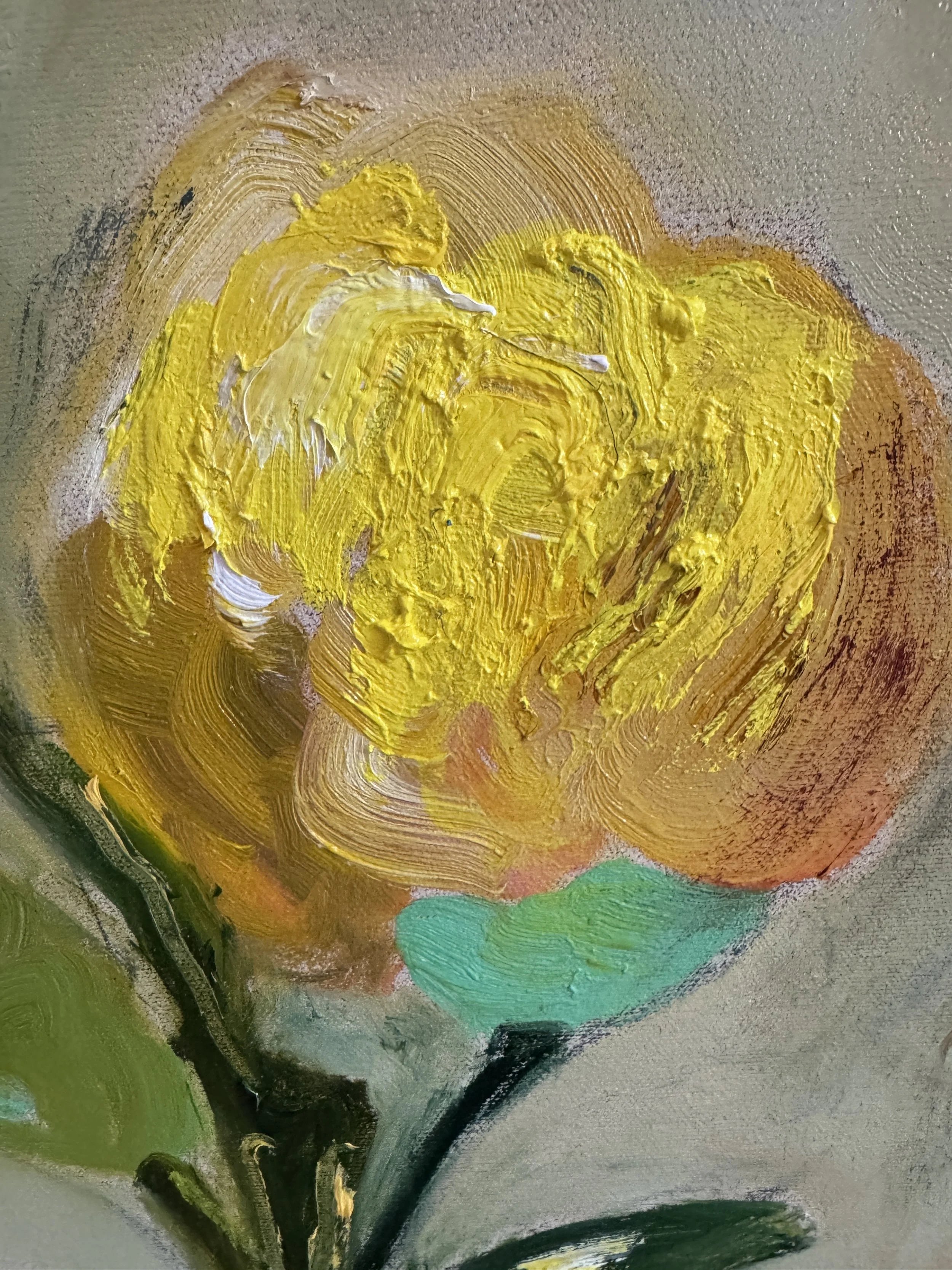 Stylized yellow flower with thick brushstrokes and green leaves; expressive impasto technique.